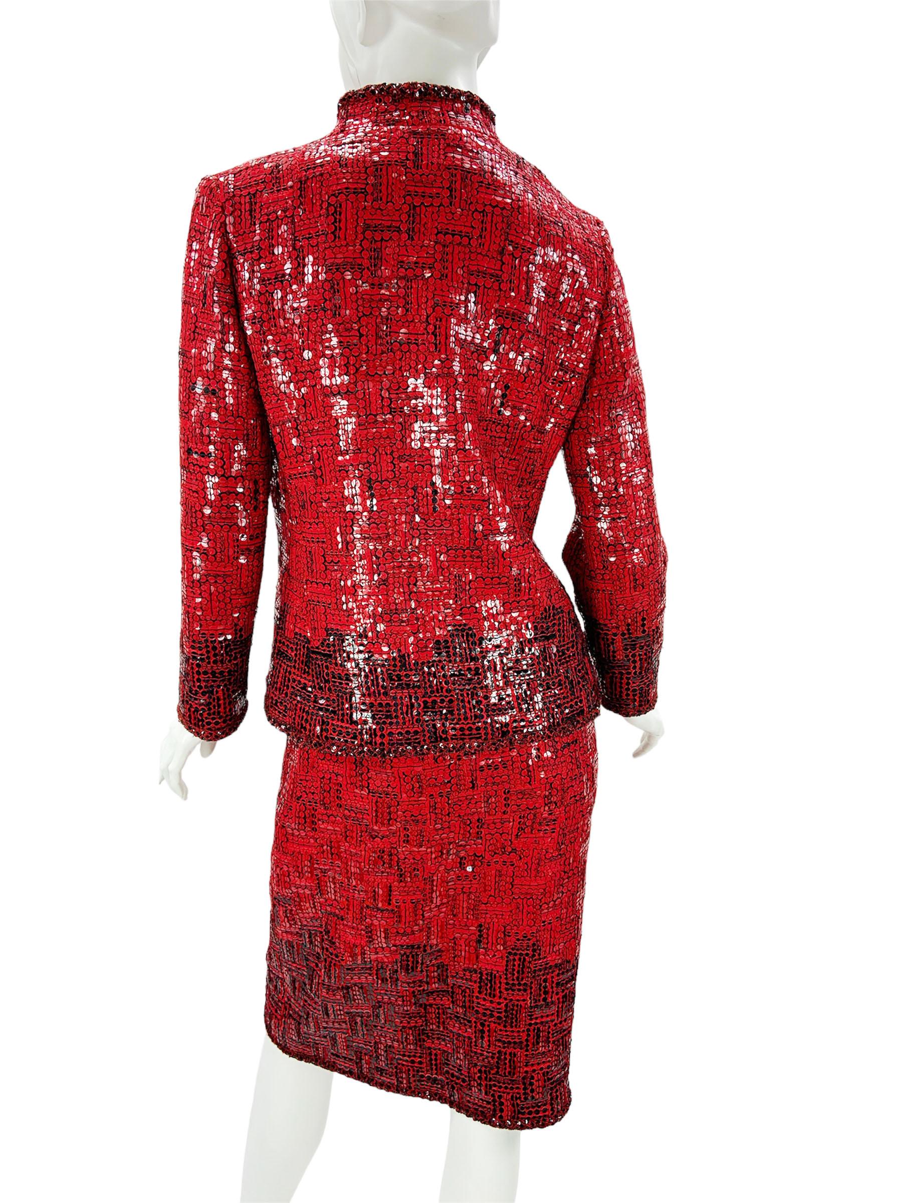 Oscar de la Renta F/W 2008 Runway Wool Red Black Sequin Skirt Suit US size 6 For Sale 2