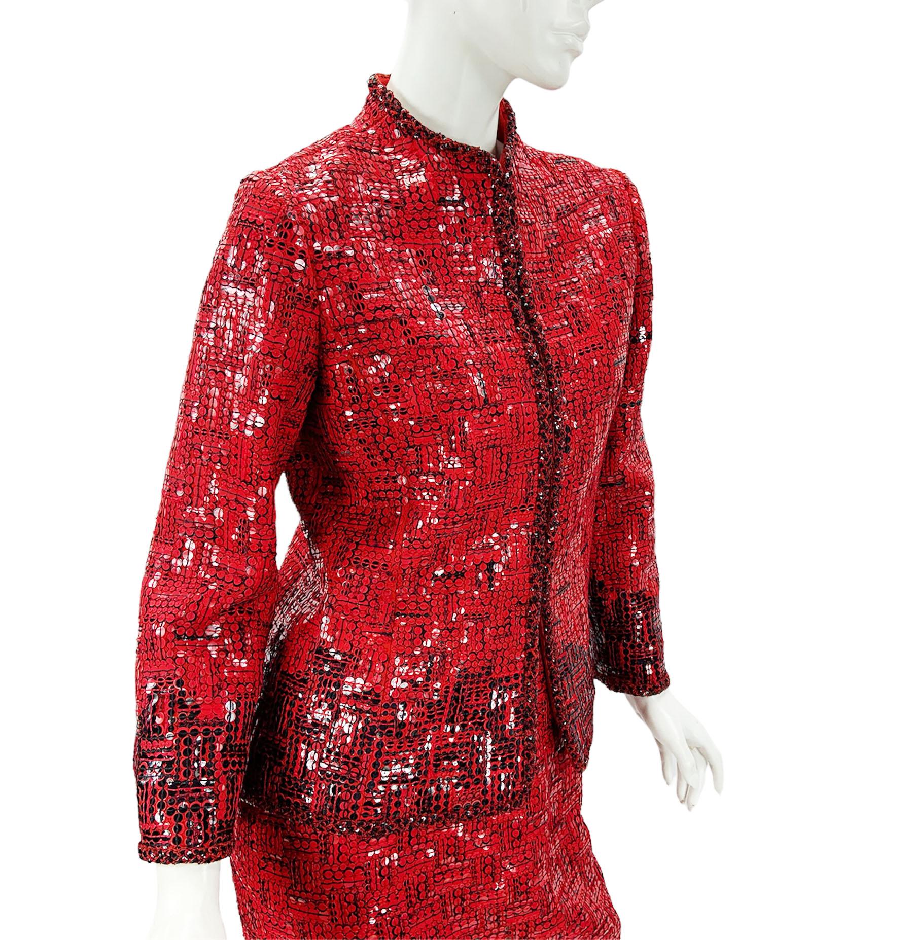 Oscar de la Renta F/W 2008 Runway Wool Red Black Sequin Skirt Suit US size 6 For Sale 5