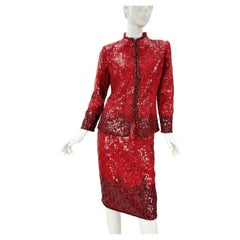 Oscar de la Renta F/W 2008 Runway Wool Red Black Sequin Skirt Suit US size 6