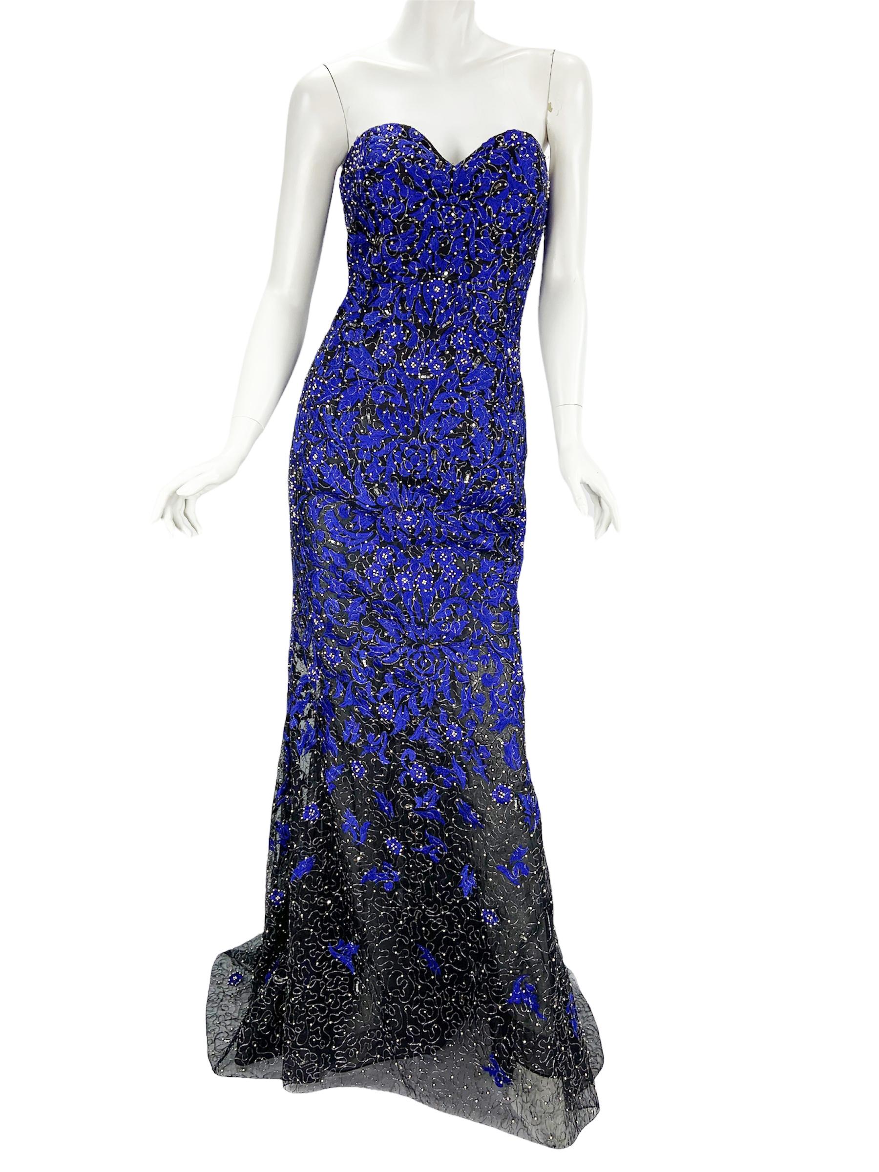 Purple Oscar De La Renta F/W 2014 Blue Black Embroidered Beaded Corset Dress Gown US 4 For Sale