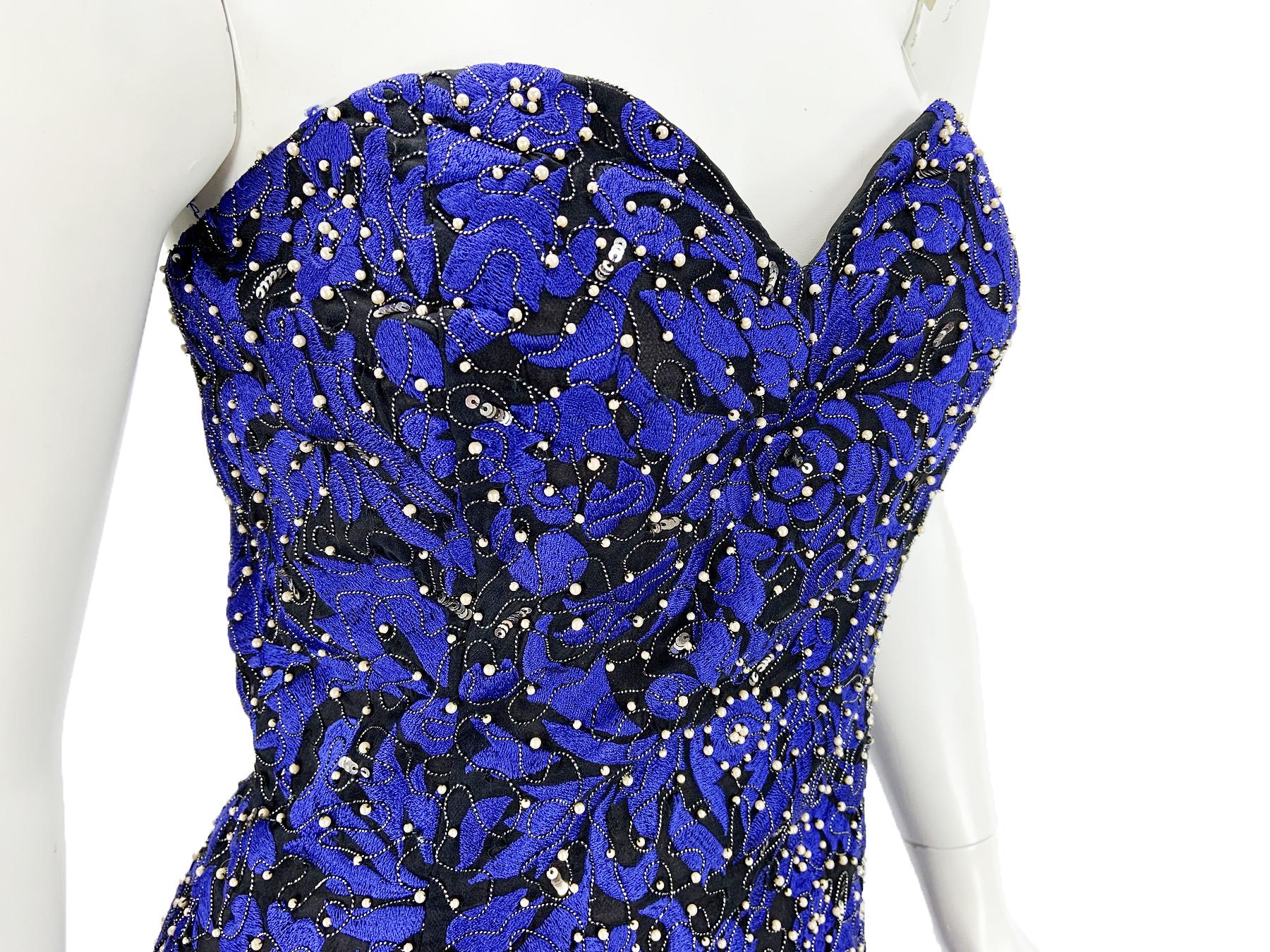 Oscar De La Renta F/W 2014 Blue Black Embroidered Beaded Corset Dress Gown US 4 For Sale 1