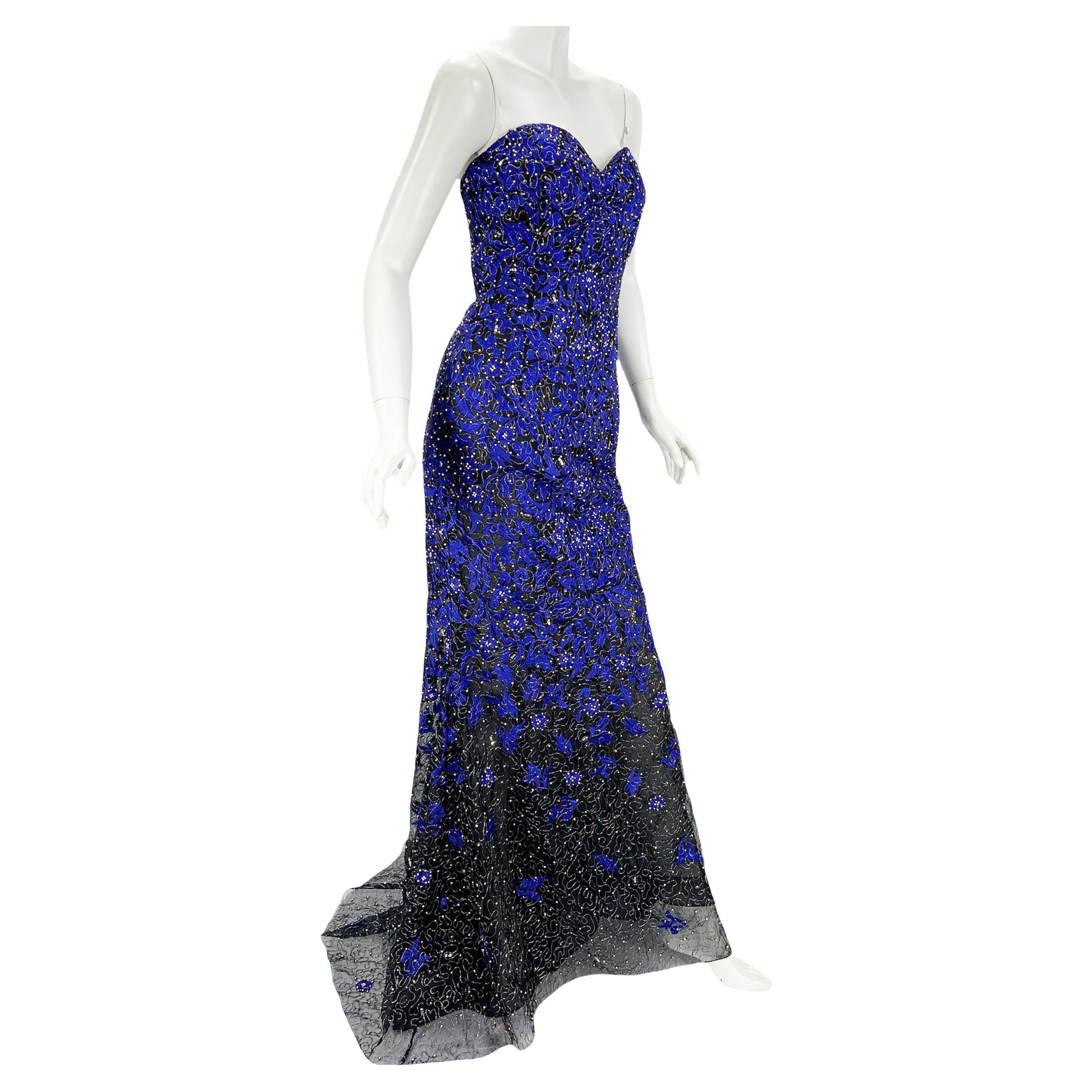 Oscar De La Renta F/W 2014 Blue Black Embroidered Beaded Corset Dress Gown US 4 For Sale