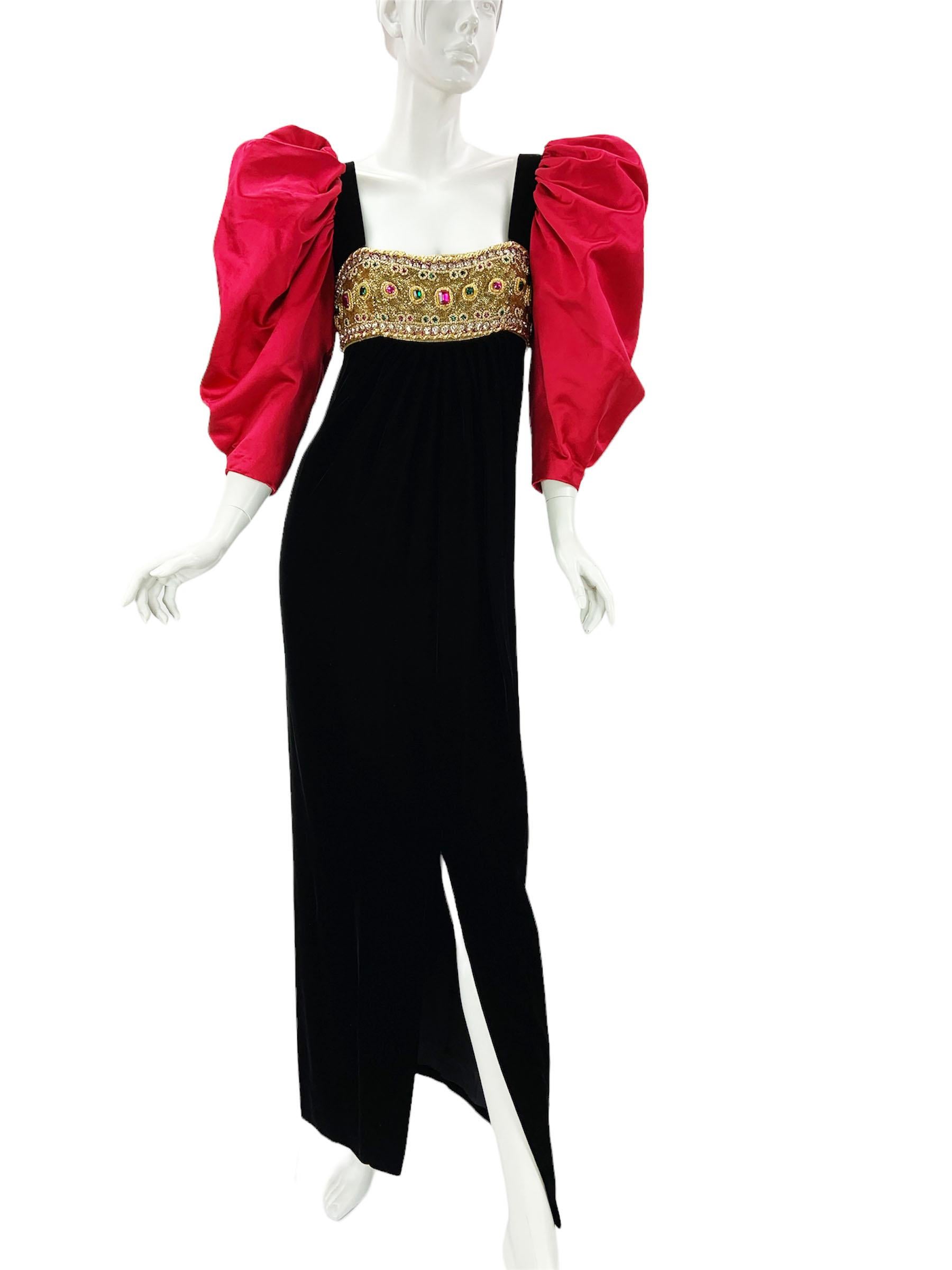 Pink Oscar de la Renta F/W Runway 1984 Black Velvet Embellished Dress Gown US 8