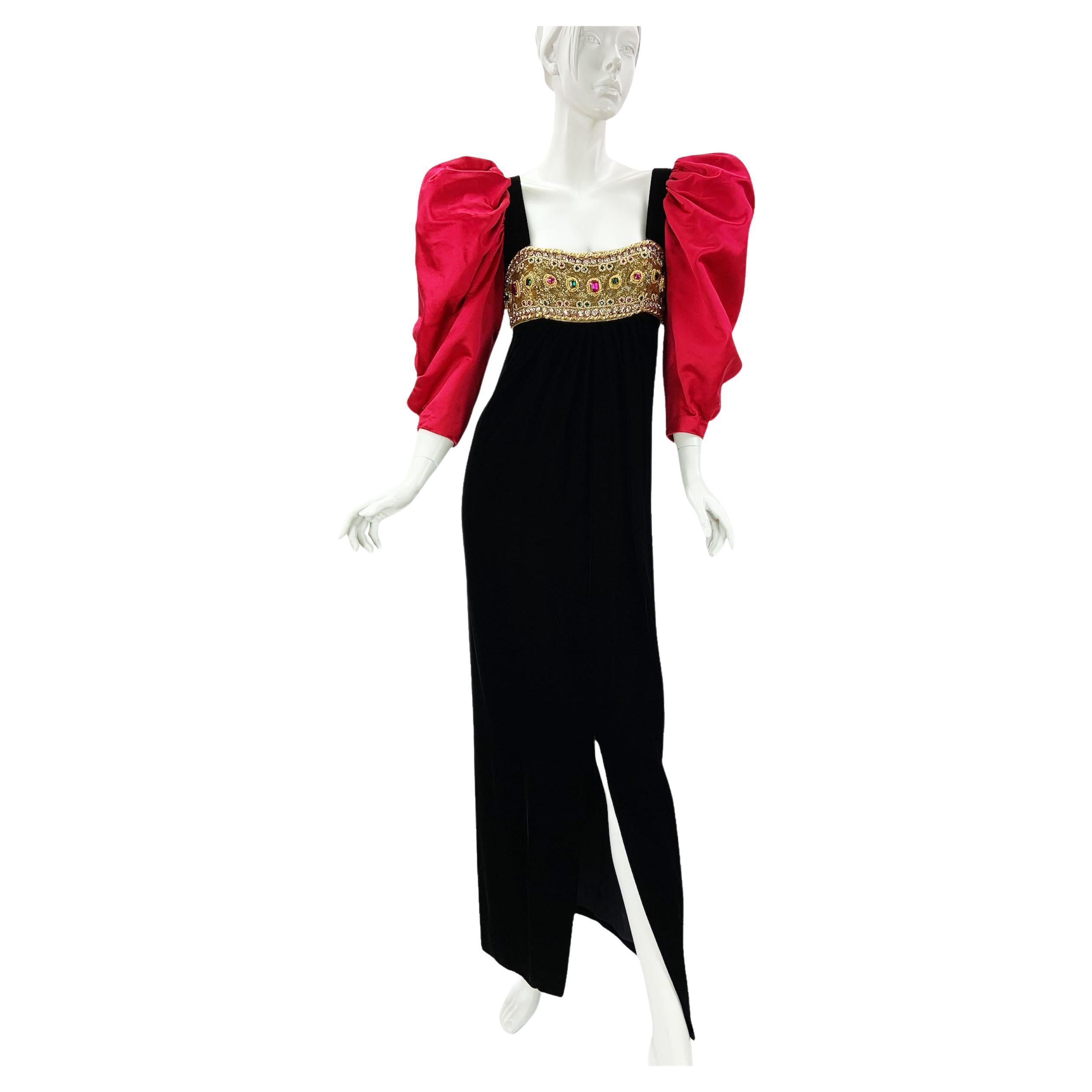 Oscar de la Renta F/W Runway 1984 Black Velvet Embellished Dress Gown US 8 For Sale