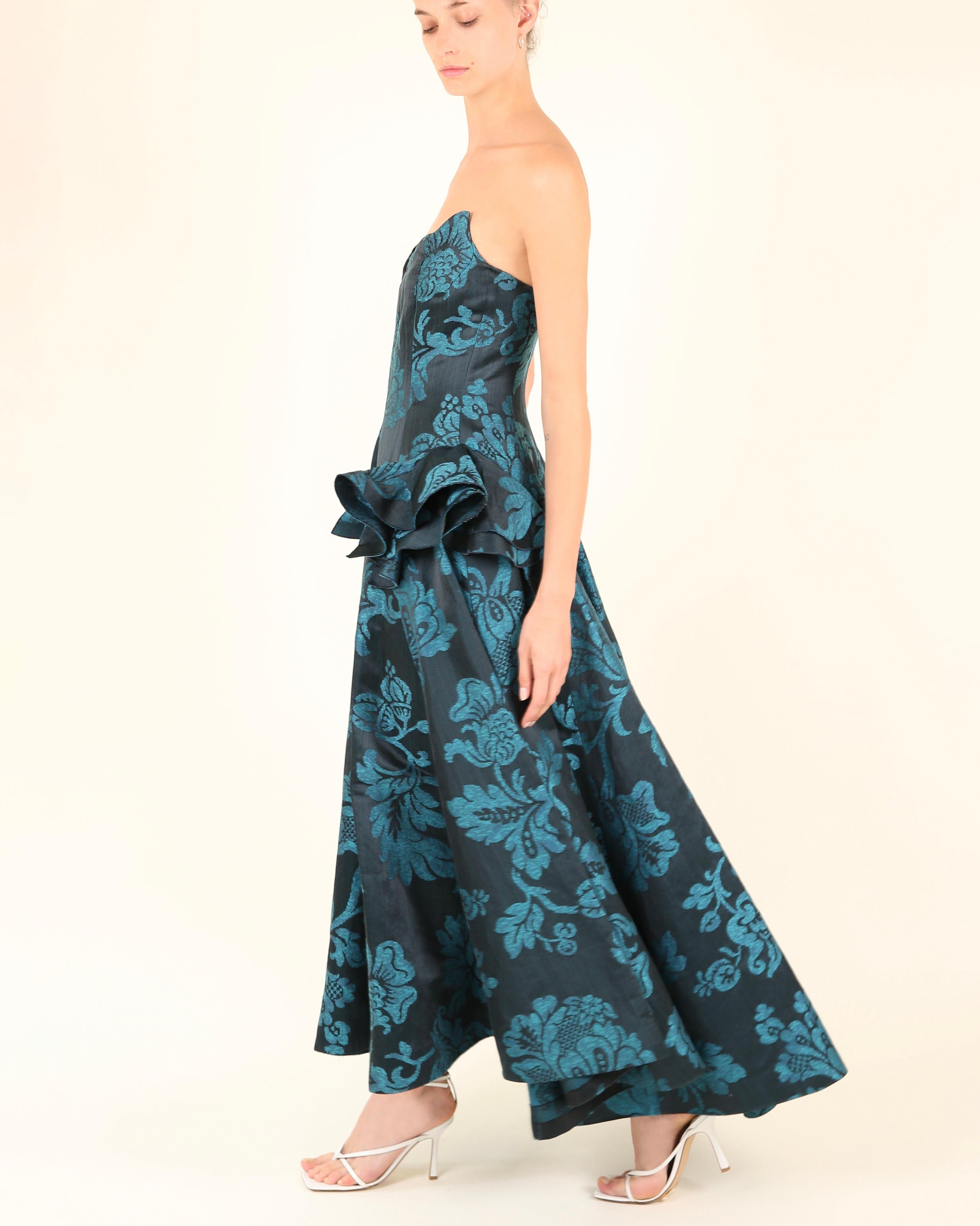 Oscar de la Renta F/W06 strapless floral blue teal fit and flare dress gown XS For Sale 7
