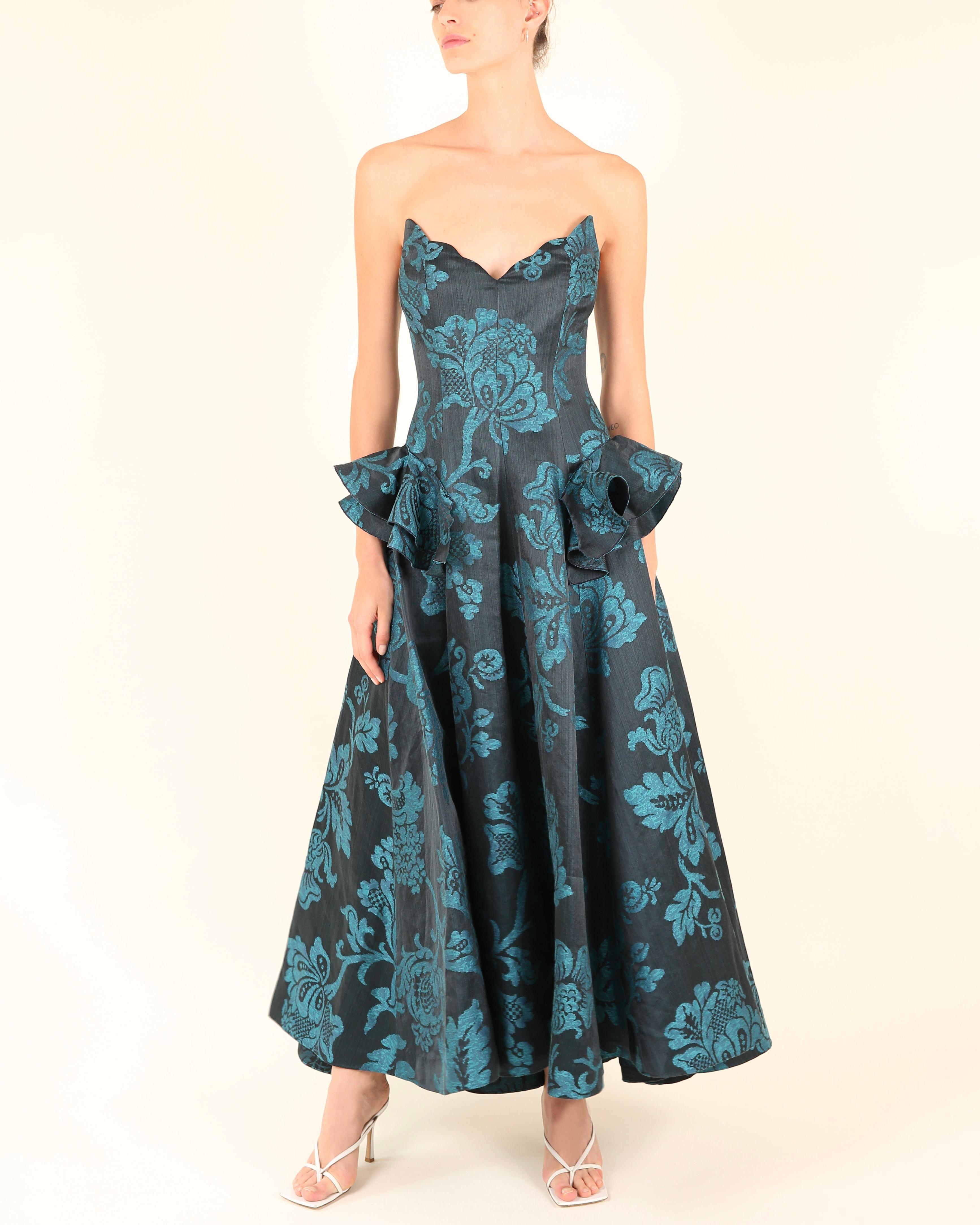 Blue Oscar de la Renta F/W06 strapless floral blue teal fit and flare dress gown XS For Sale