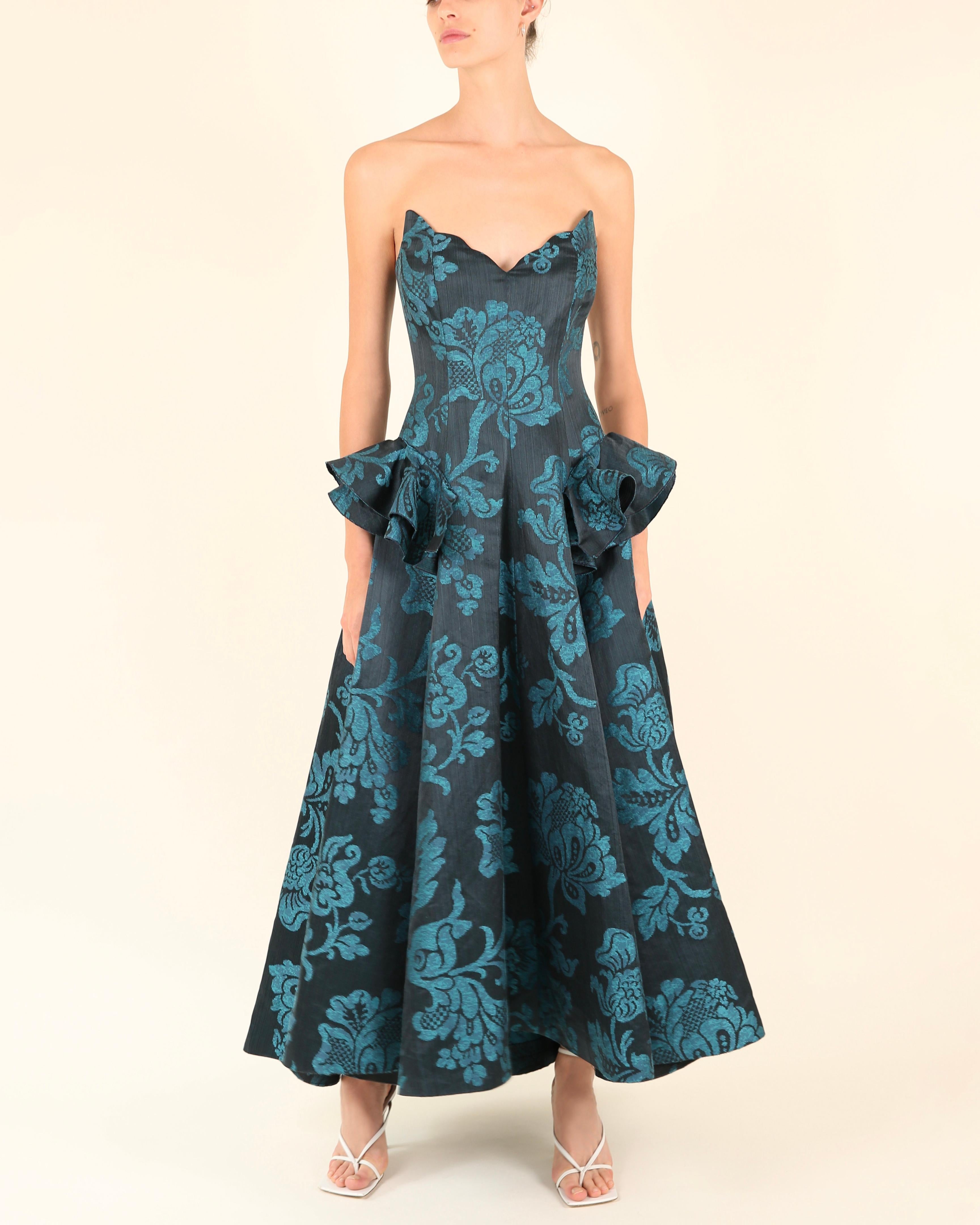 Women's Oscar de la Renta F/W06 strapless floral blue teal fit and flare dress gown XS For Sale