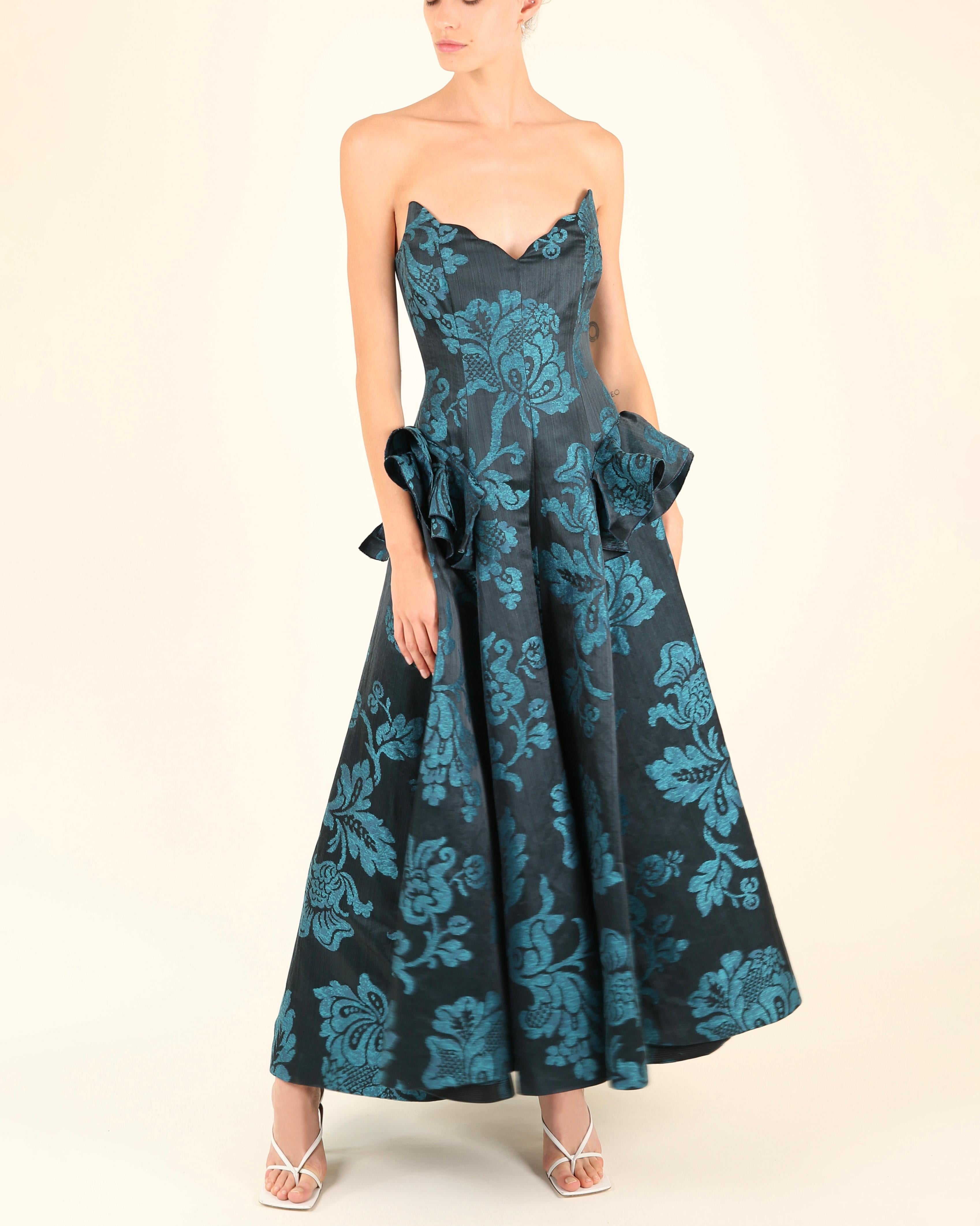 Oscar de la Renta F/W06 strapless floral blue teal fit and flare dress gown XS For Sale 1