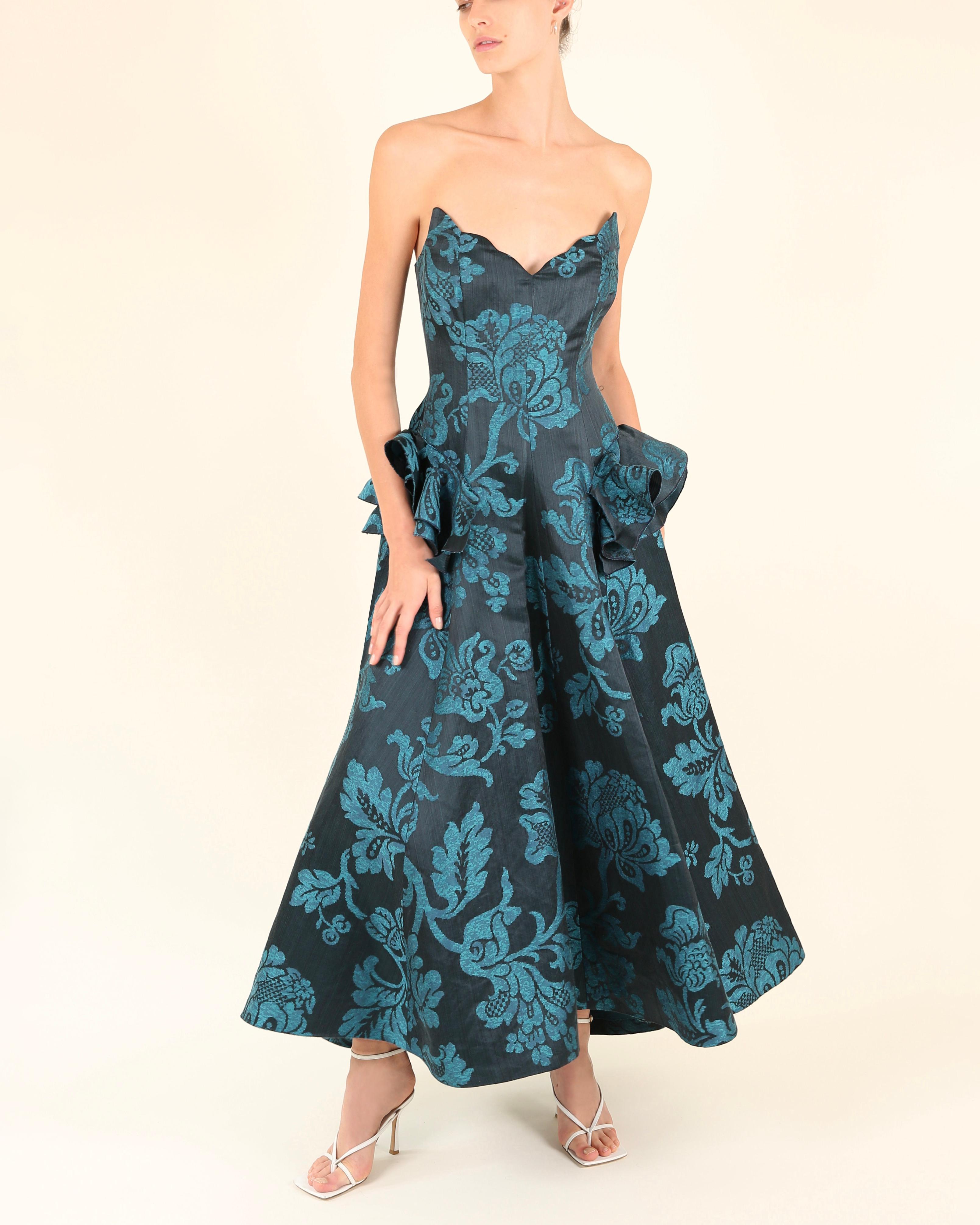 Oscar de la Renta F/W06 strapless floral blue teal fit and flare dress gown XS For Sale 2