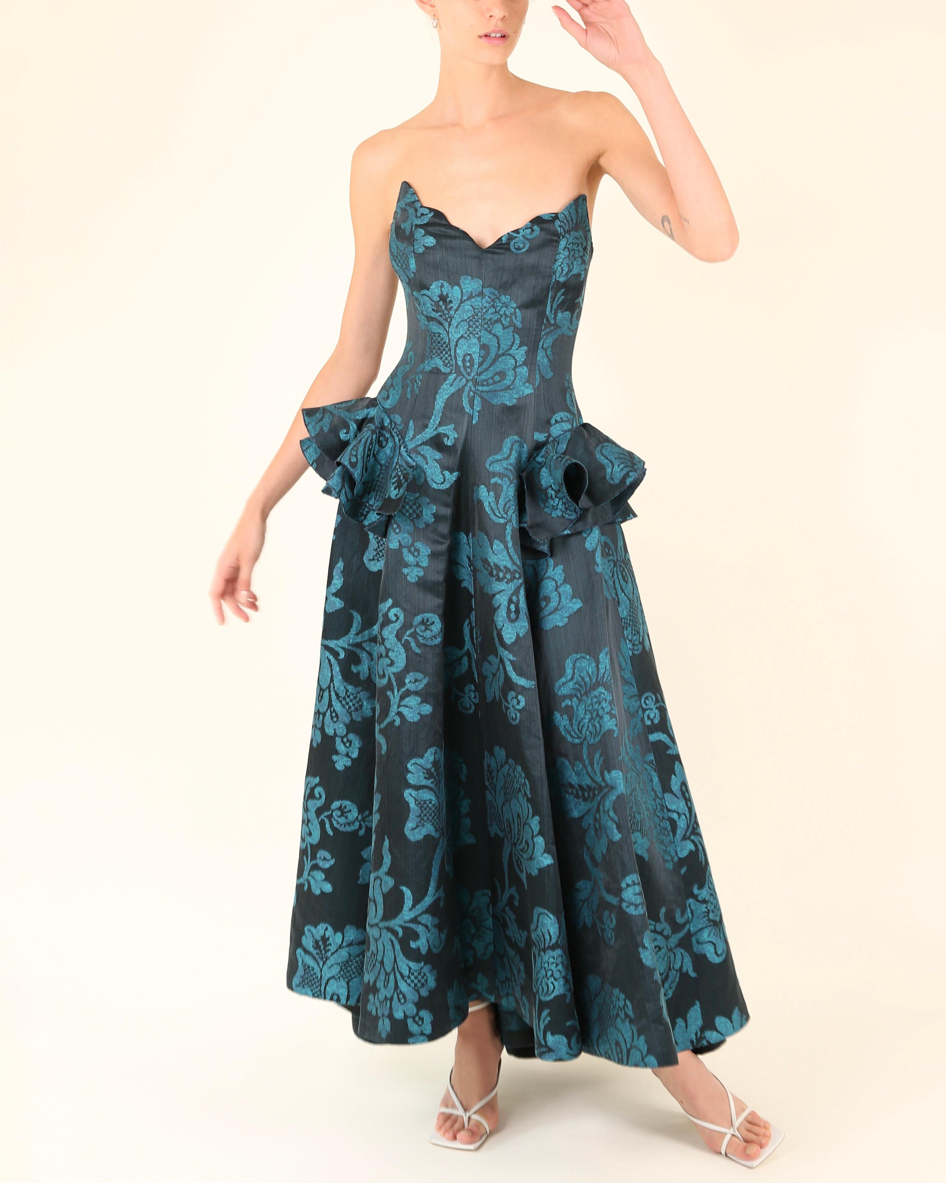 Oscar de la Renta F/W06 strapless floral blue teal fit and flare dress gown XS For Sale 3