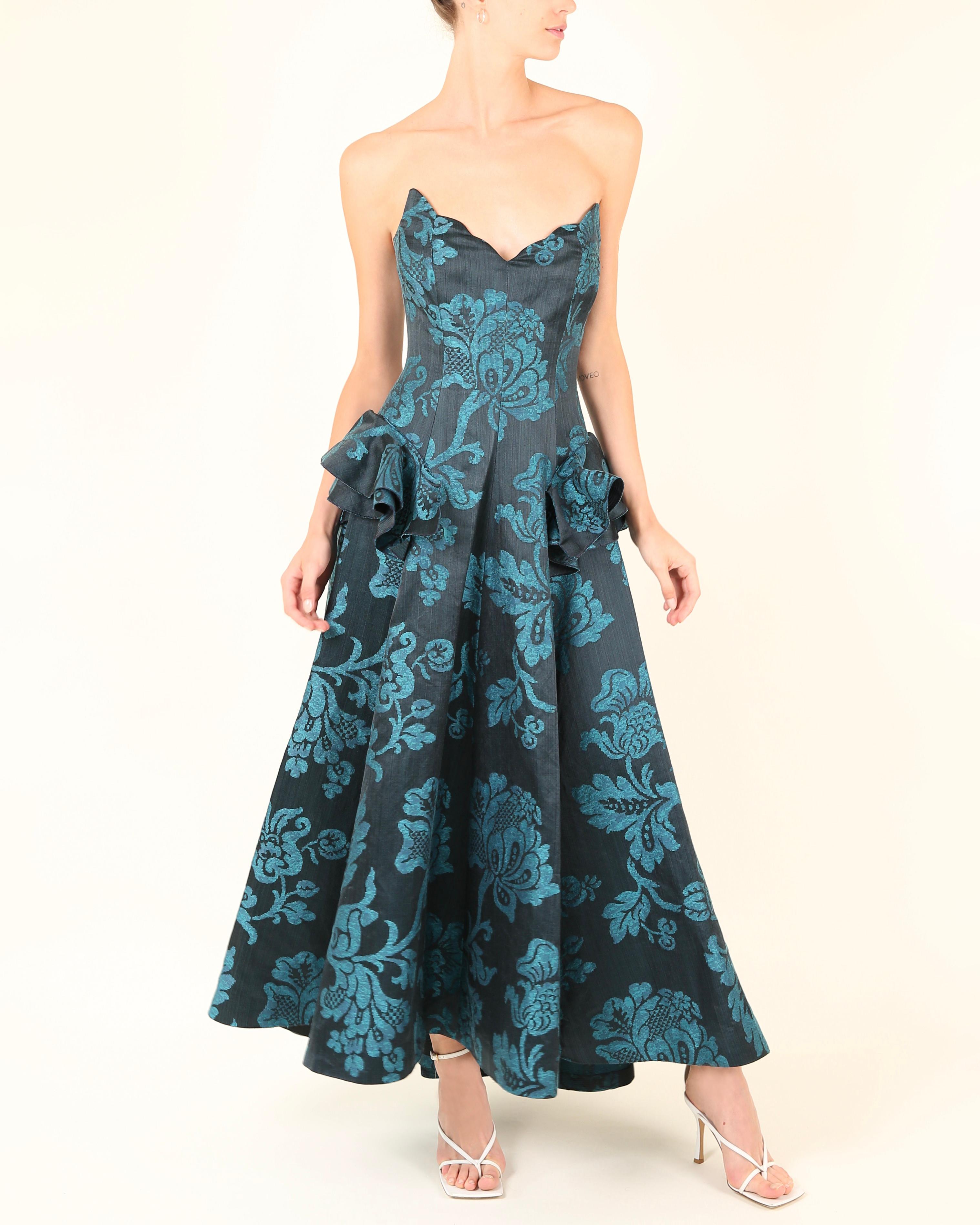 Oscar de la Renta F/W06 strapless floral blue teal fit and flare dress gown XS For Sale 4