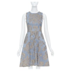 OSCAR DE LA RENTA F07 grey gold floral cotton flax jacquard dress US2 S
