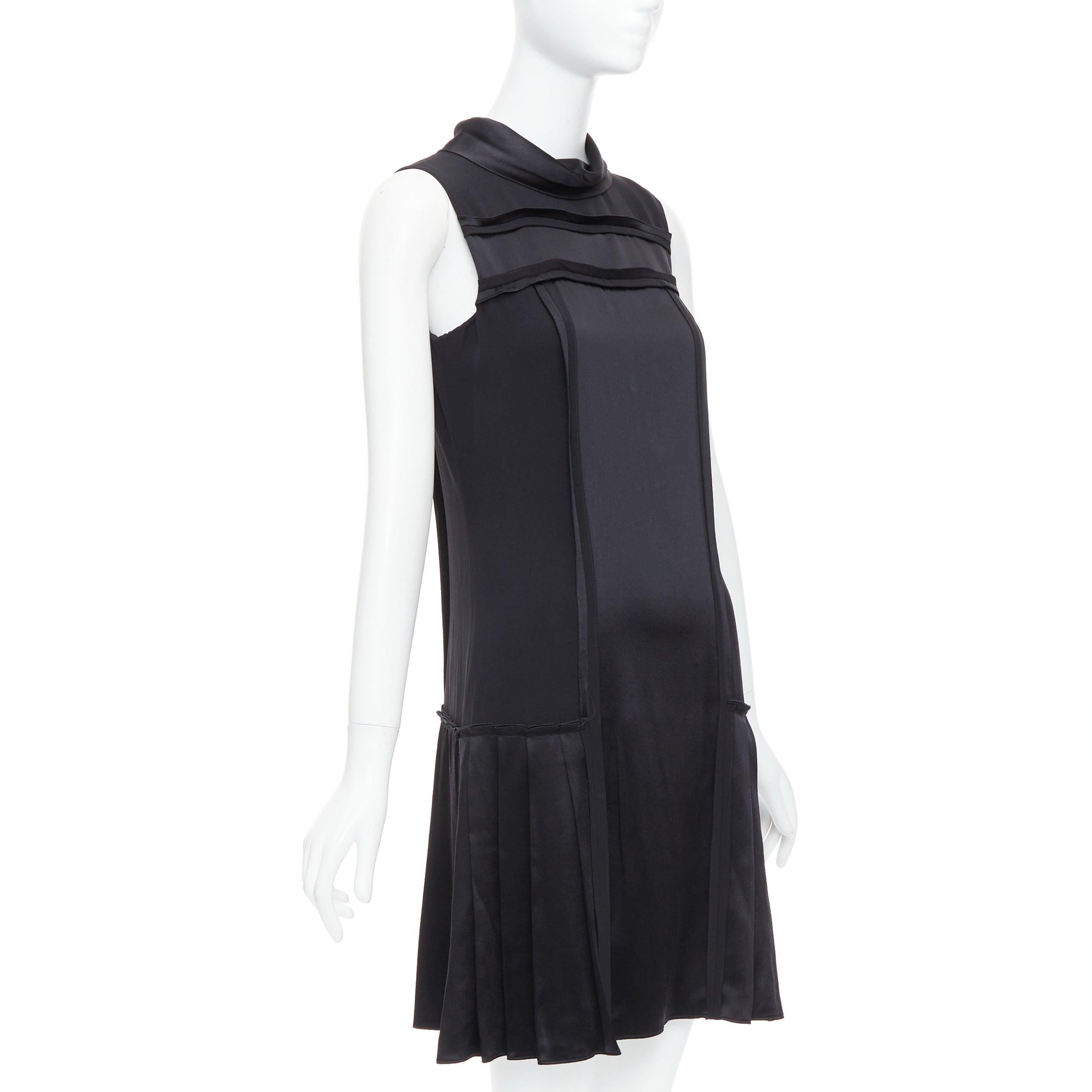 Black OSCAR DE LA RENTA F15 100% silk cotton foldover collar trimmed dress US0 XS For Sale