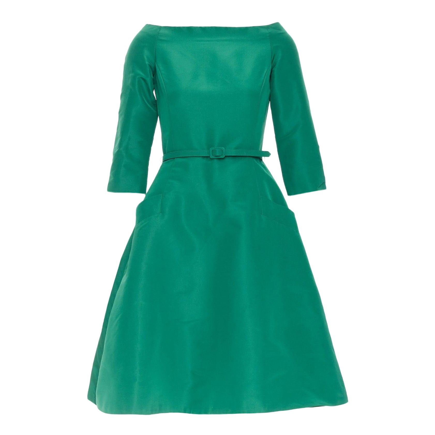 Oscar De La Renta F17 - Robe évasée en taffetas de soie à encolure bateau et ceinture US0 XS