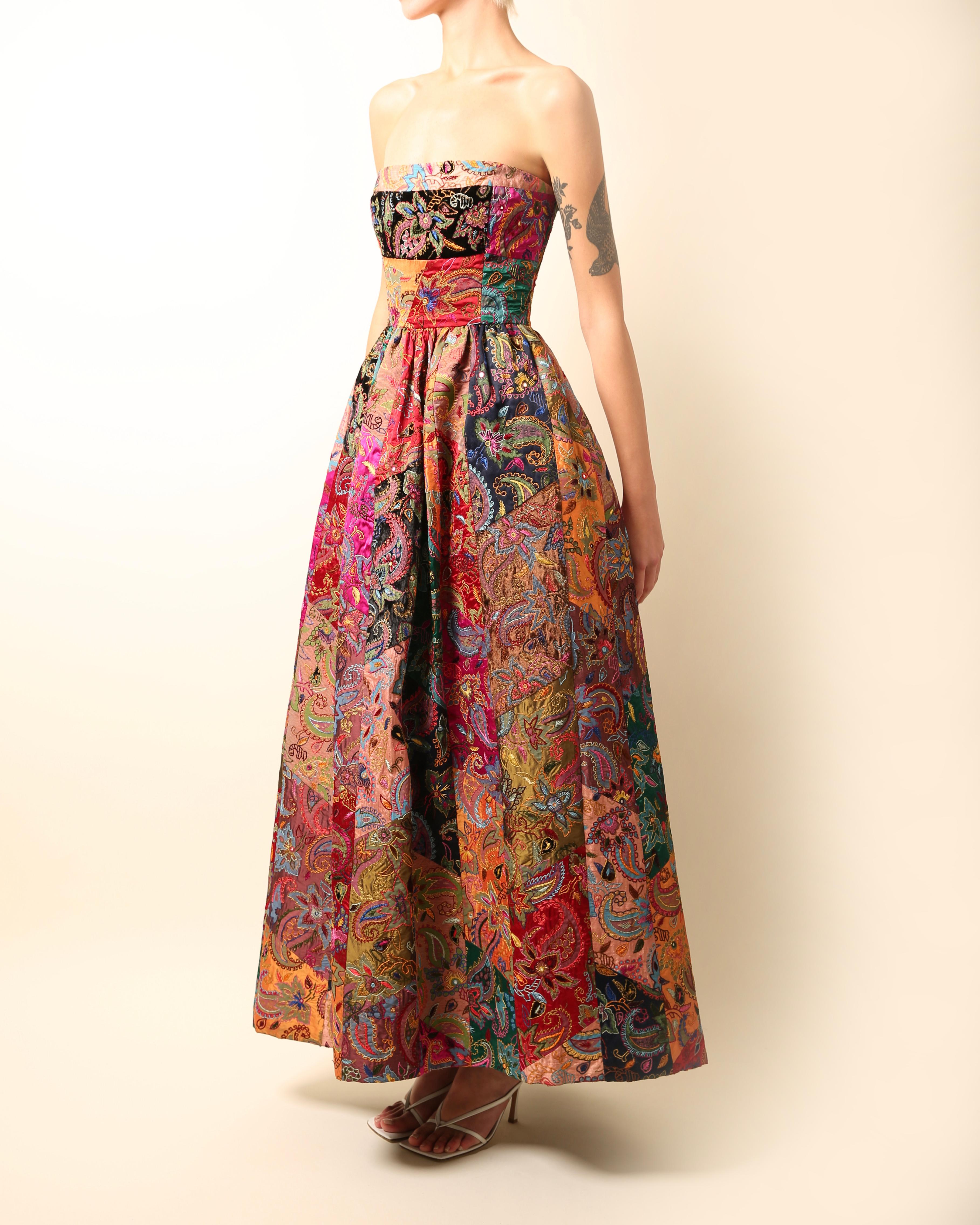 Brown Oscar de la Renta Fall 2002 strapless tapestry flared patchwork gown dress US4