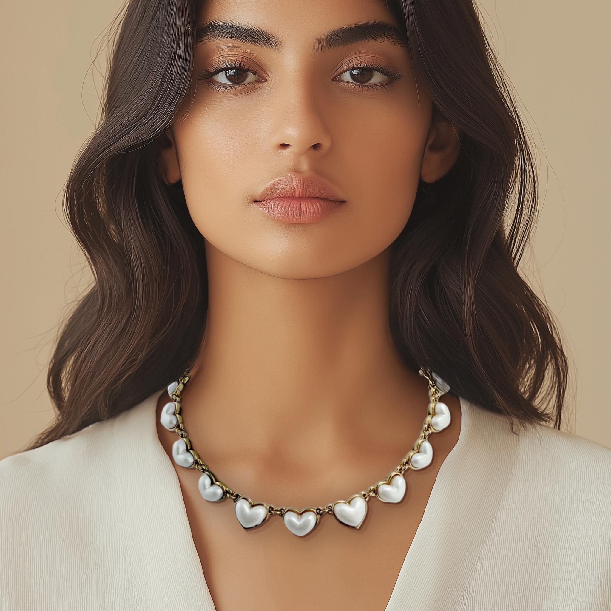 Oscar De La Renta Collier Coeur Romantique en Fausses Perles Plaqué Or Antique 22k Pour femmes en vente