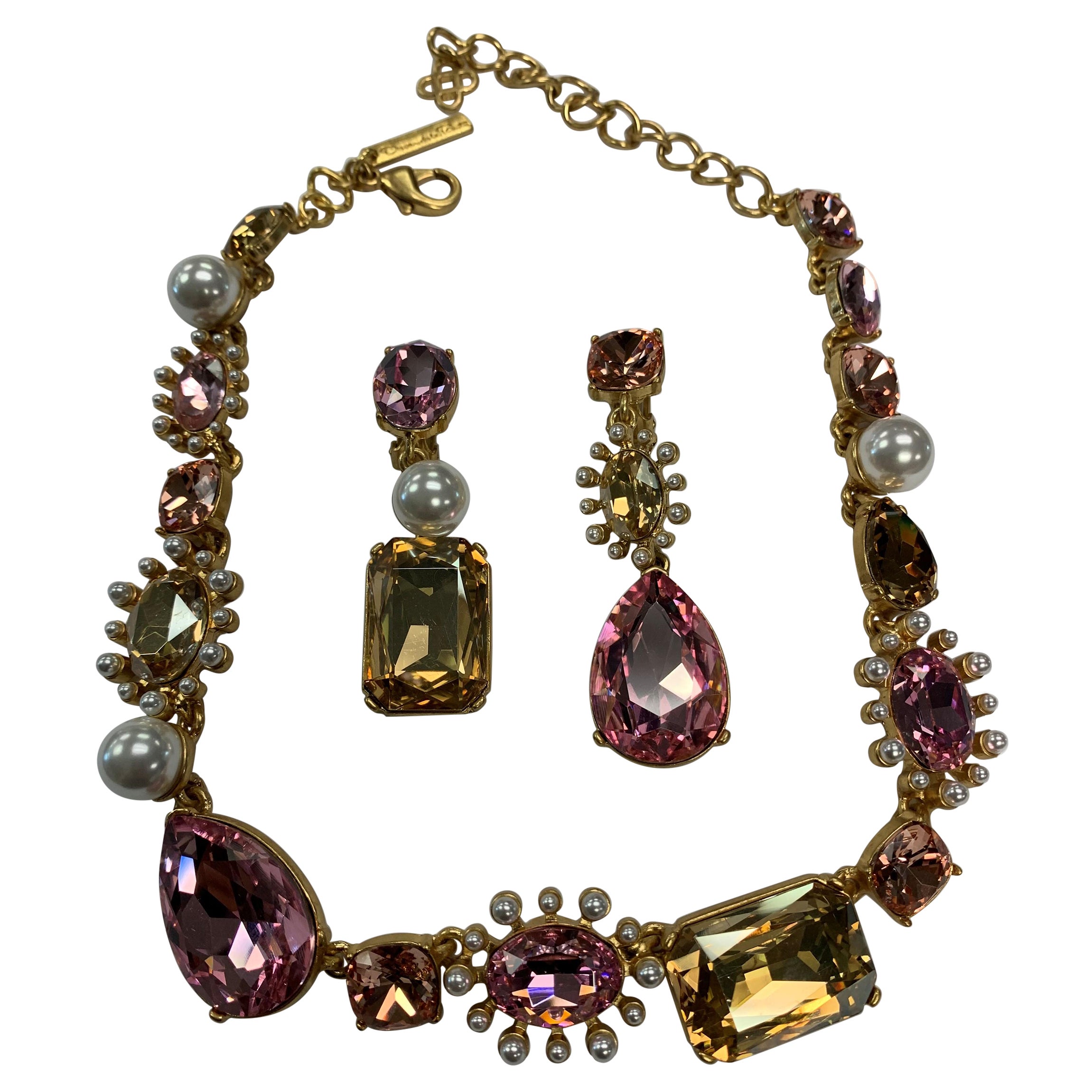 Oscar De La Renta Faux Pearls and Pink Crystals Runway Necklace and Earrings