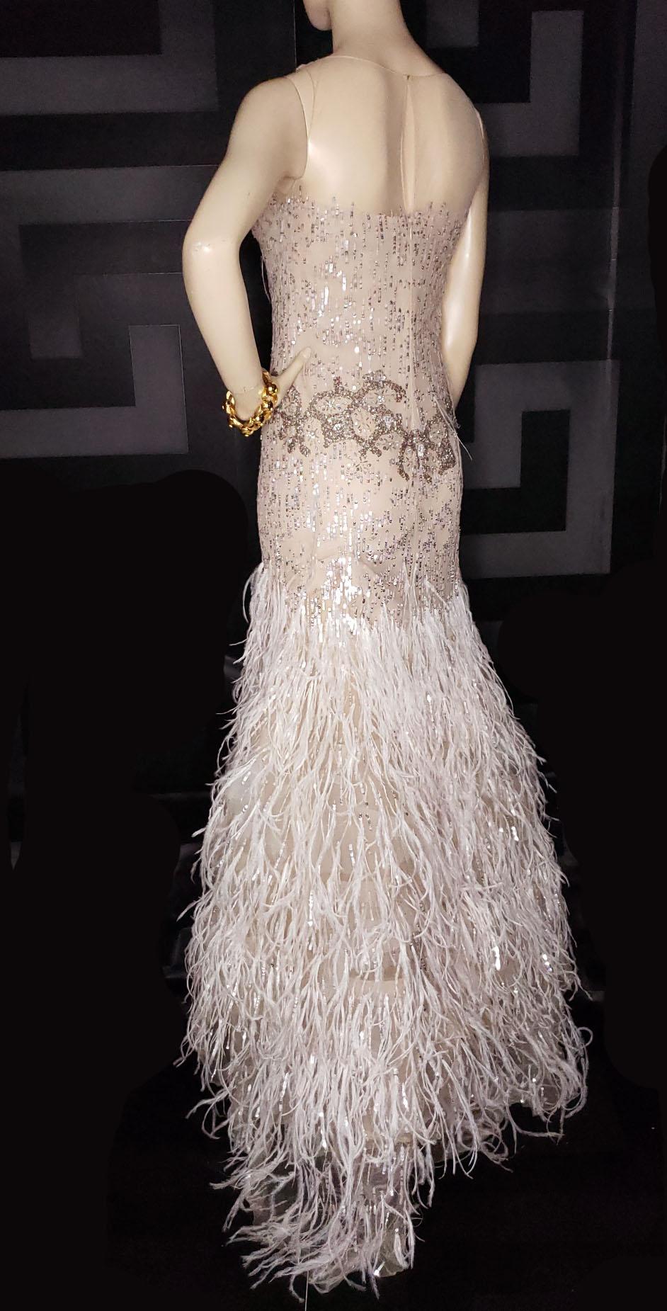 Beige OSCAR DE LA RENTA FEATHER and SEQUIN EMBELLISHED NUDE TULLE GOWN