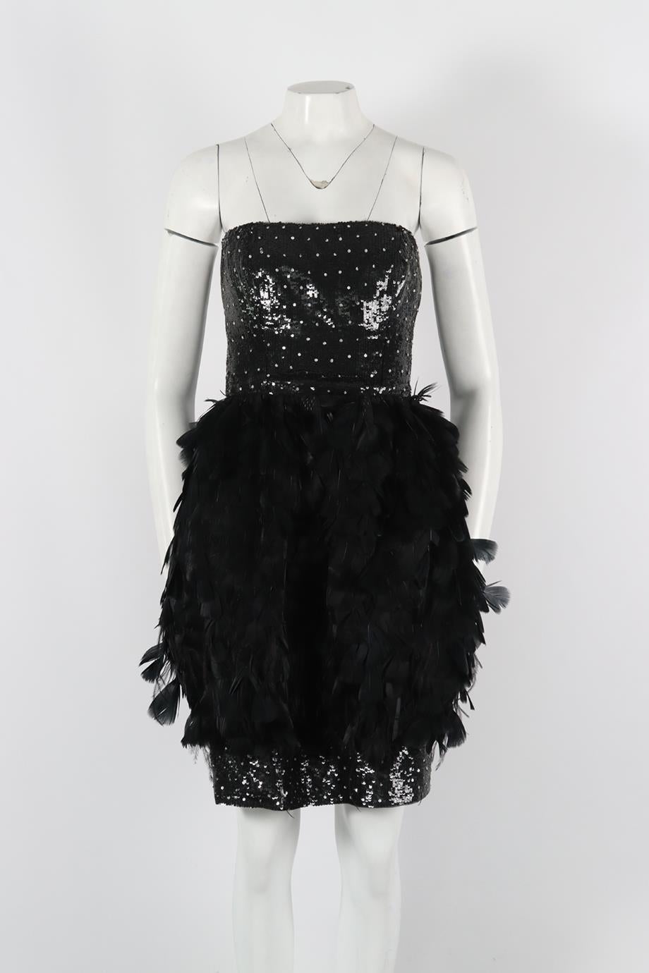 Oscar De La Renta Feather Trimmed Sequinned Silk Dress. Black. Sleeveless. Bandeau. Zip fastening - Back. 100% Silk. US 6 (UK 10, FR 38, IT 42). Bust: 32.4 in. Waist: 28 in. Hips: 36.2 in. Length: 31.7 in. Condition: Used. Fair condition - Signs of