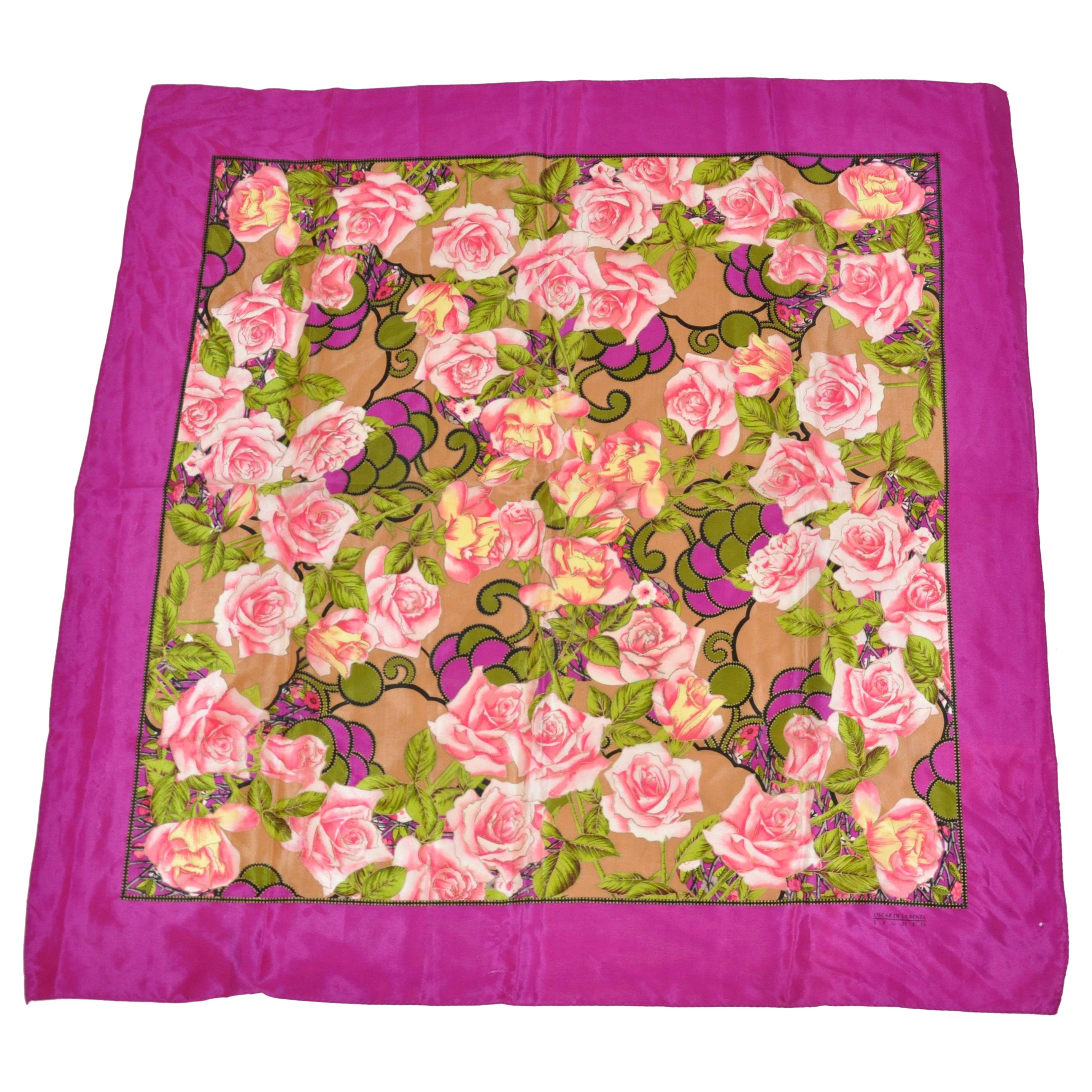 Pañuelo de seda "Popping Roses" Oscar De La Renta Festivo Bordado Violeta Atrevido