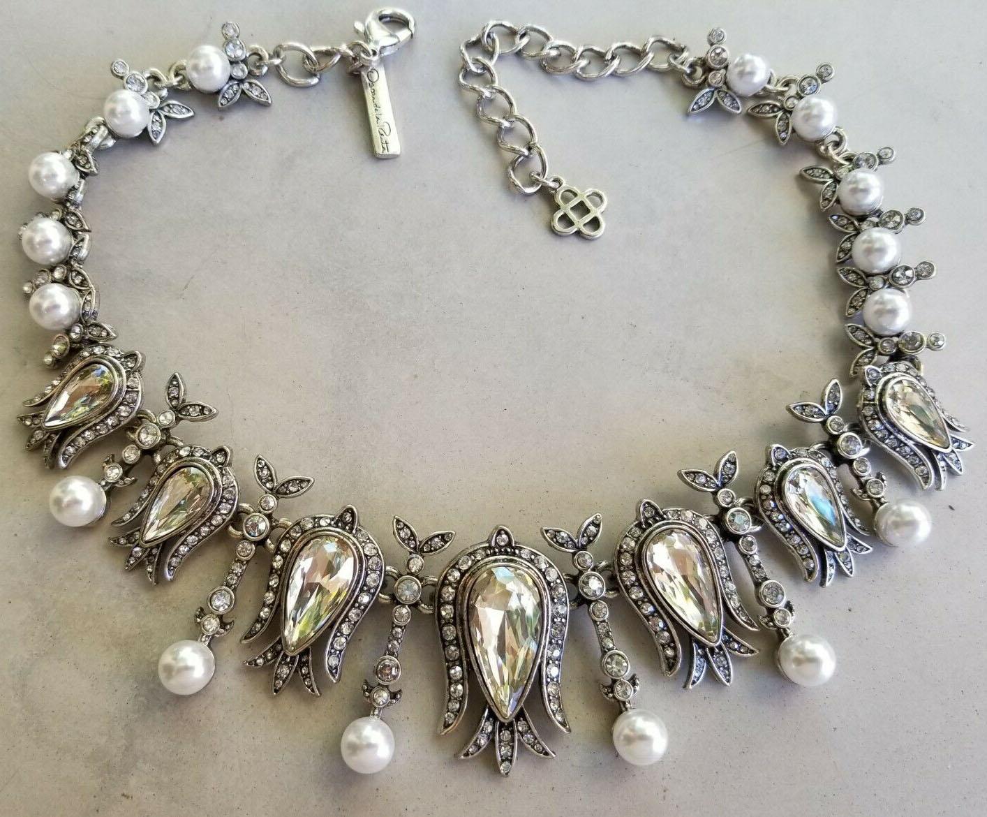Simply Beautiful!  Signed Oscar de la Renta Faux Pearl and Crystal Necklace with matching pair of Earrings; Designer Signature; necklace measures approx. approx. 17.5