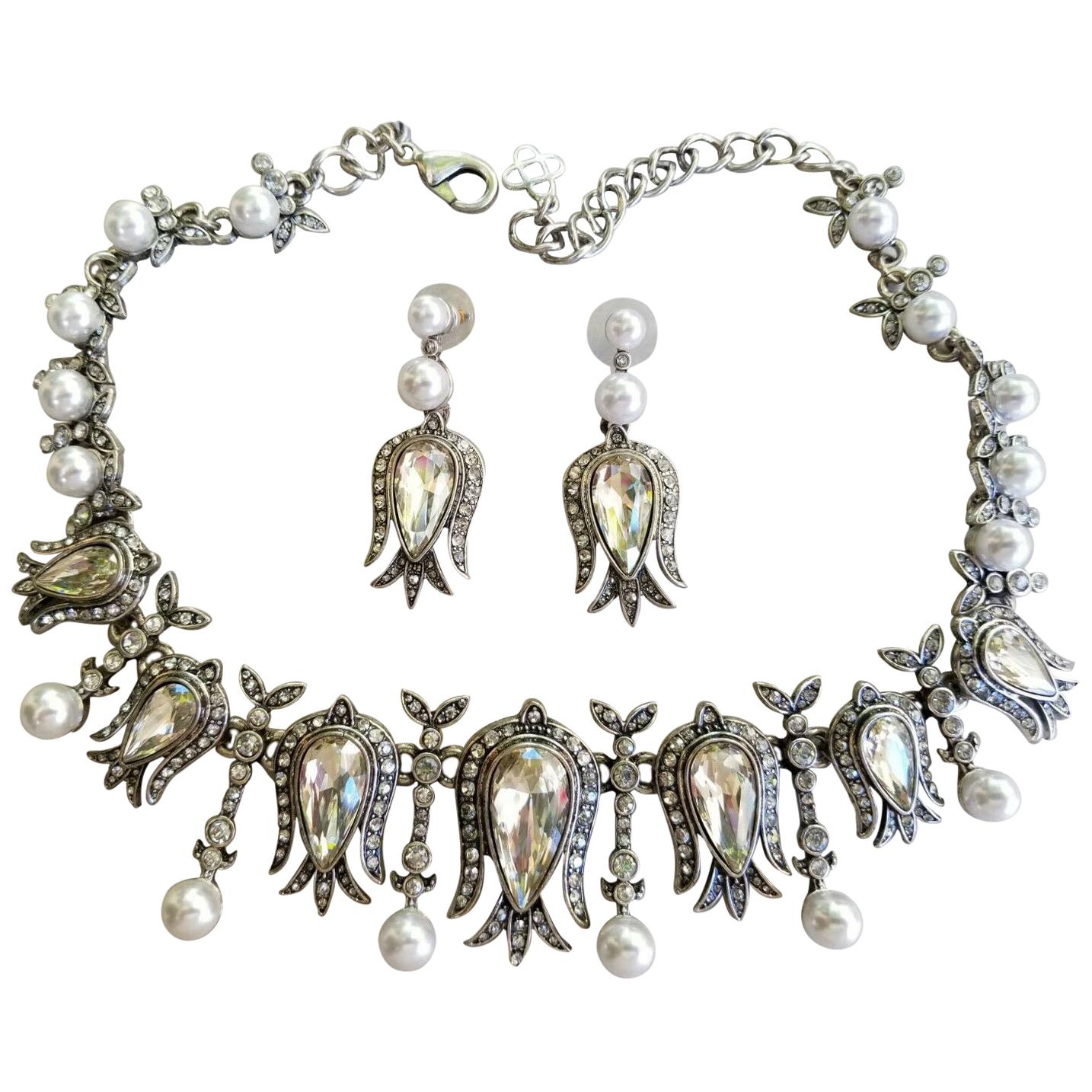Oscar De La Renta Fine Faux Pearl and Crystal Necklace and Earrings Set For Sale