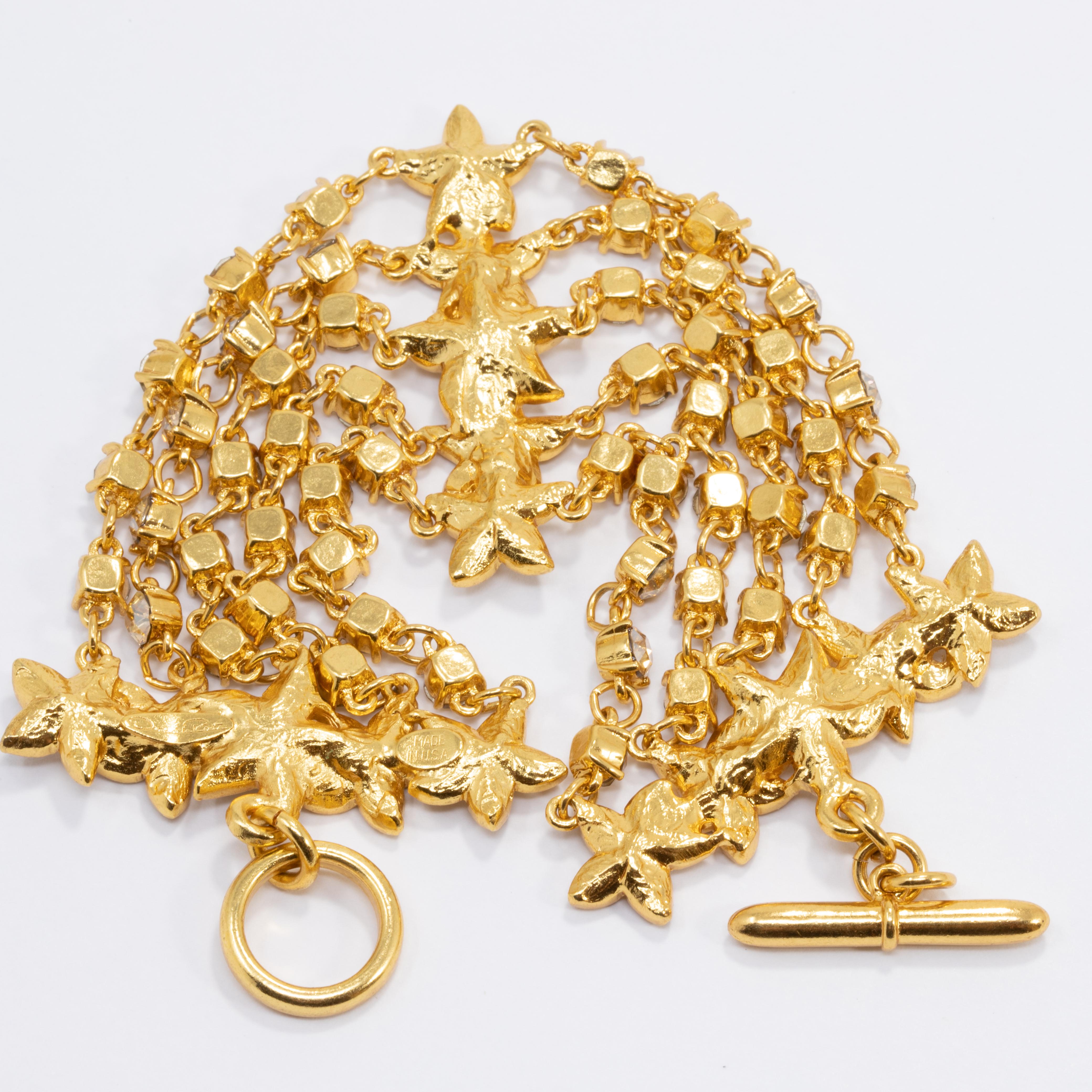 Oscar de la Renta Fünfstrangiges florales Kettenarmband mit Blumenmuster, klare Kristalle, in Gold im Angebot 1