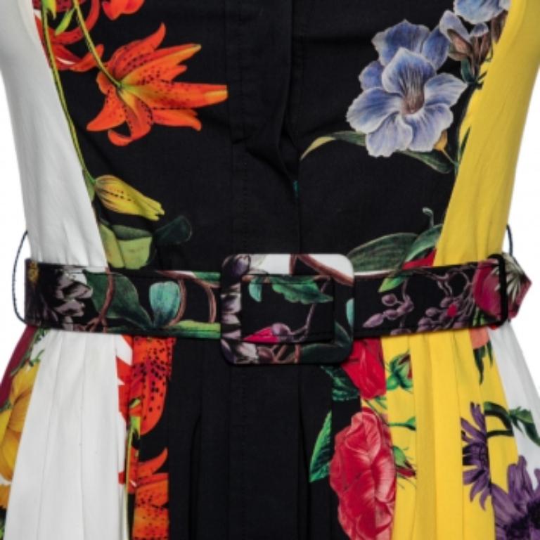Gray Oscar de la Renta Floral Cotton Pleated & Button Front Belted Midi Dress XS For Sale