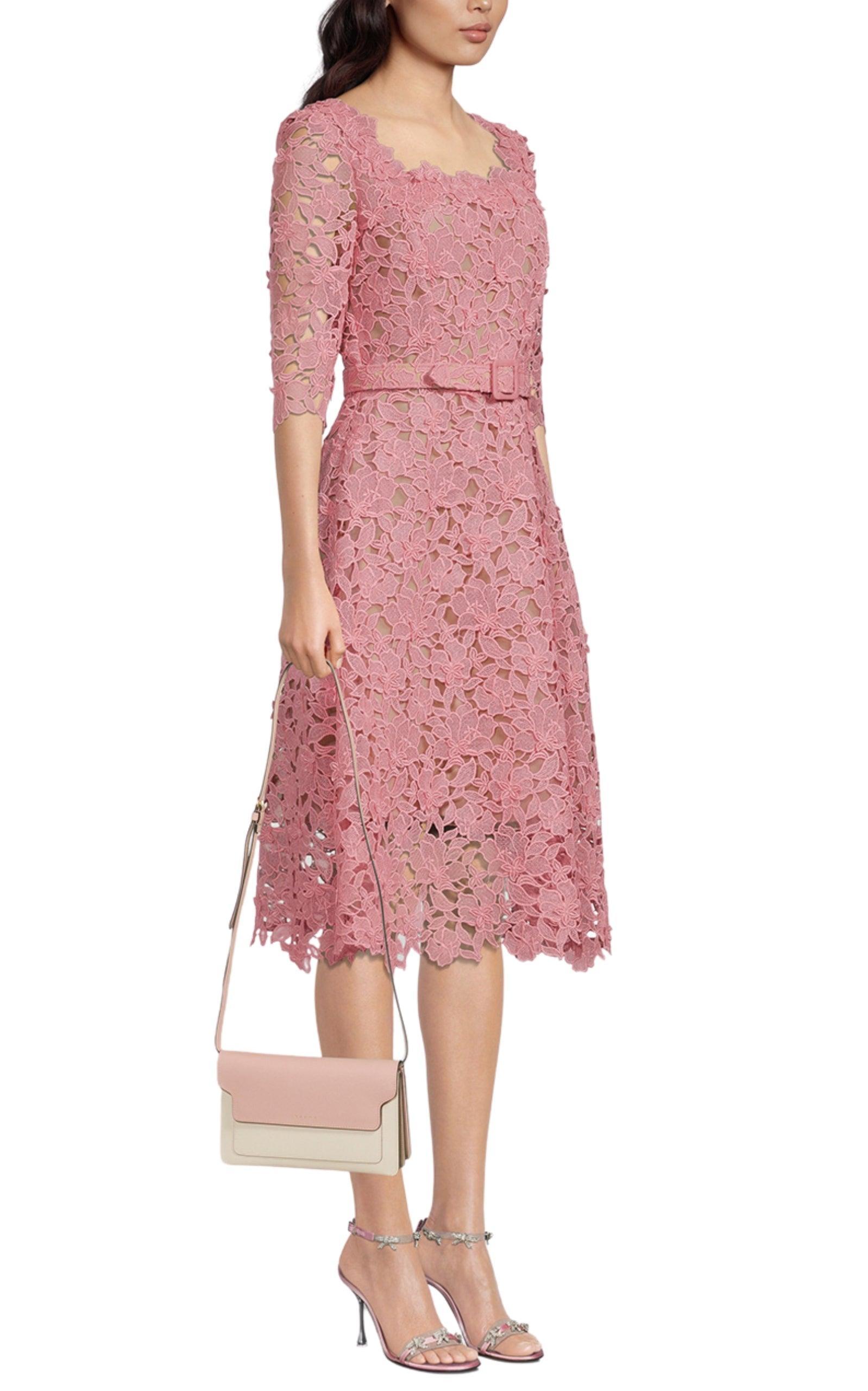 Brown Oscar de la Renta Floral Guipure Lace Dress Size 10 For Sale