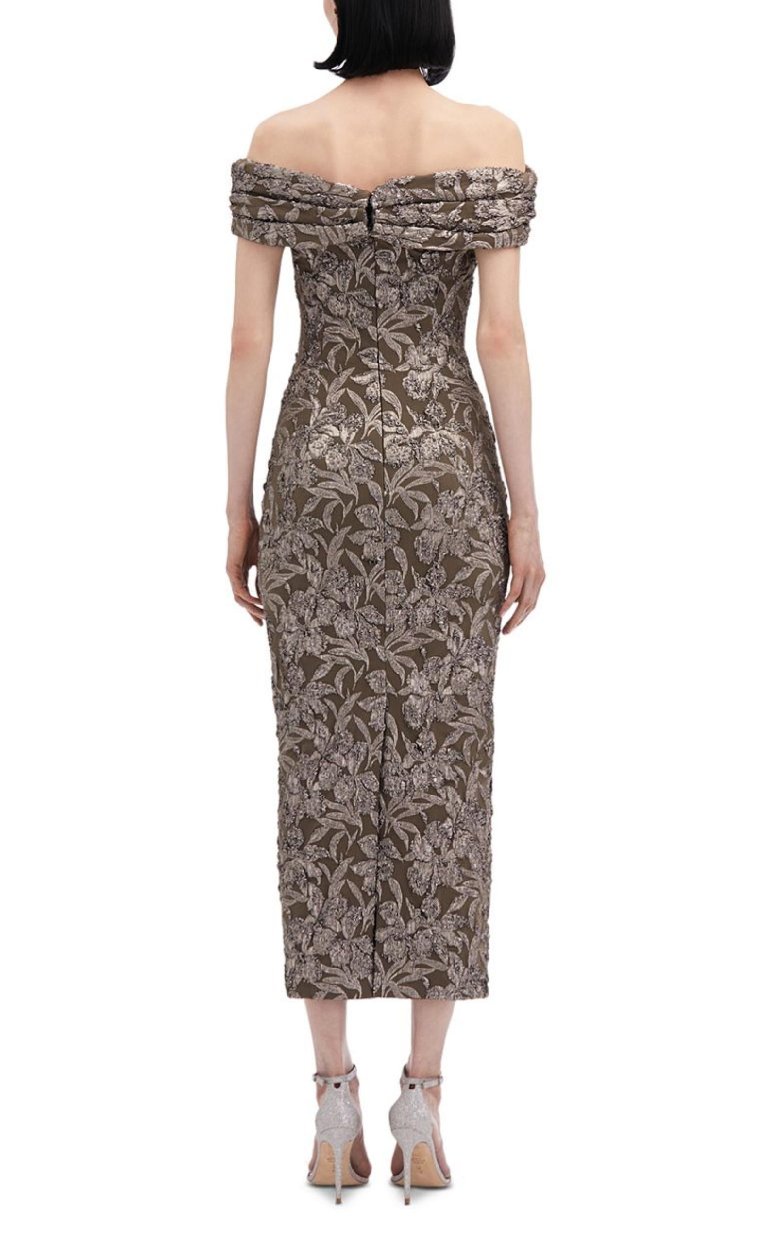 Gray Oscar de la Renta Floral Metallic Jacquard Midi Dress Size US 8 For Sale