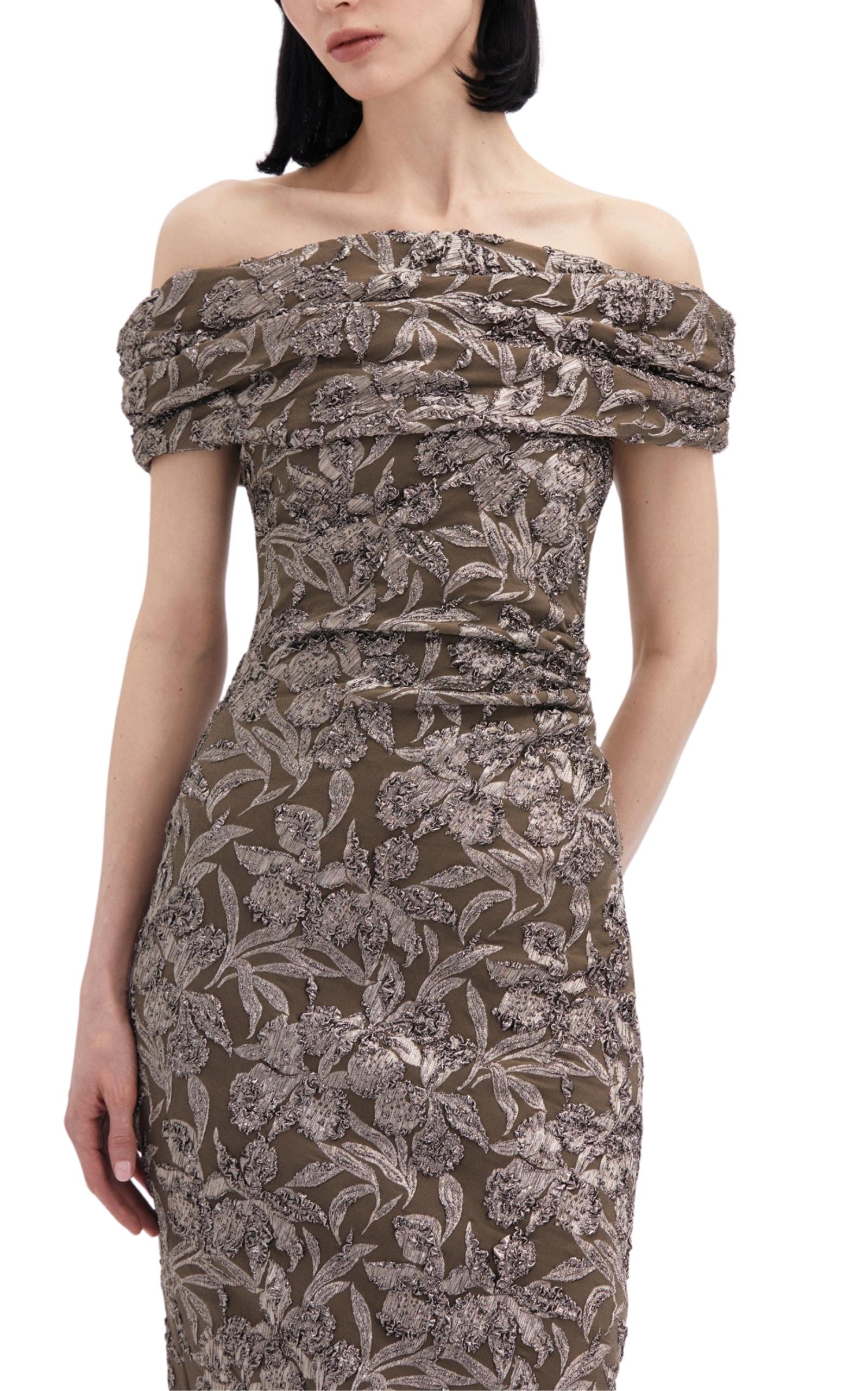 Oscar de la Renta Floral Metallic Jacquard Midi Dress Size US 8 In New Condition For Sale In Brossard, QC