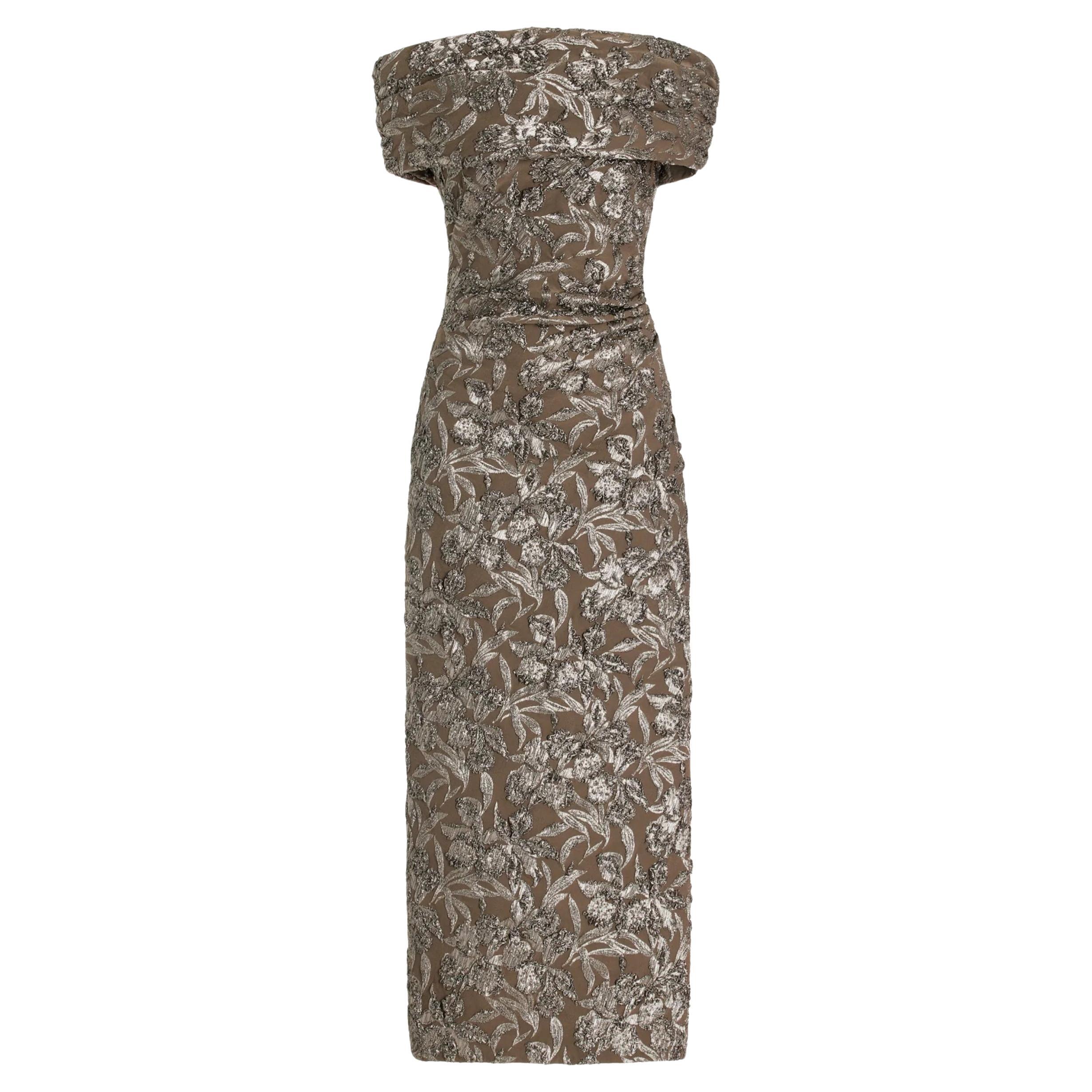 Oscar de la Renta Floral Metallic Jacquard Midi Dress Size US 8 For Sale