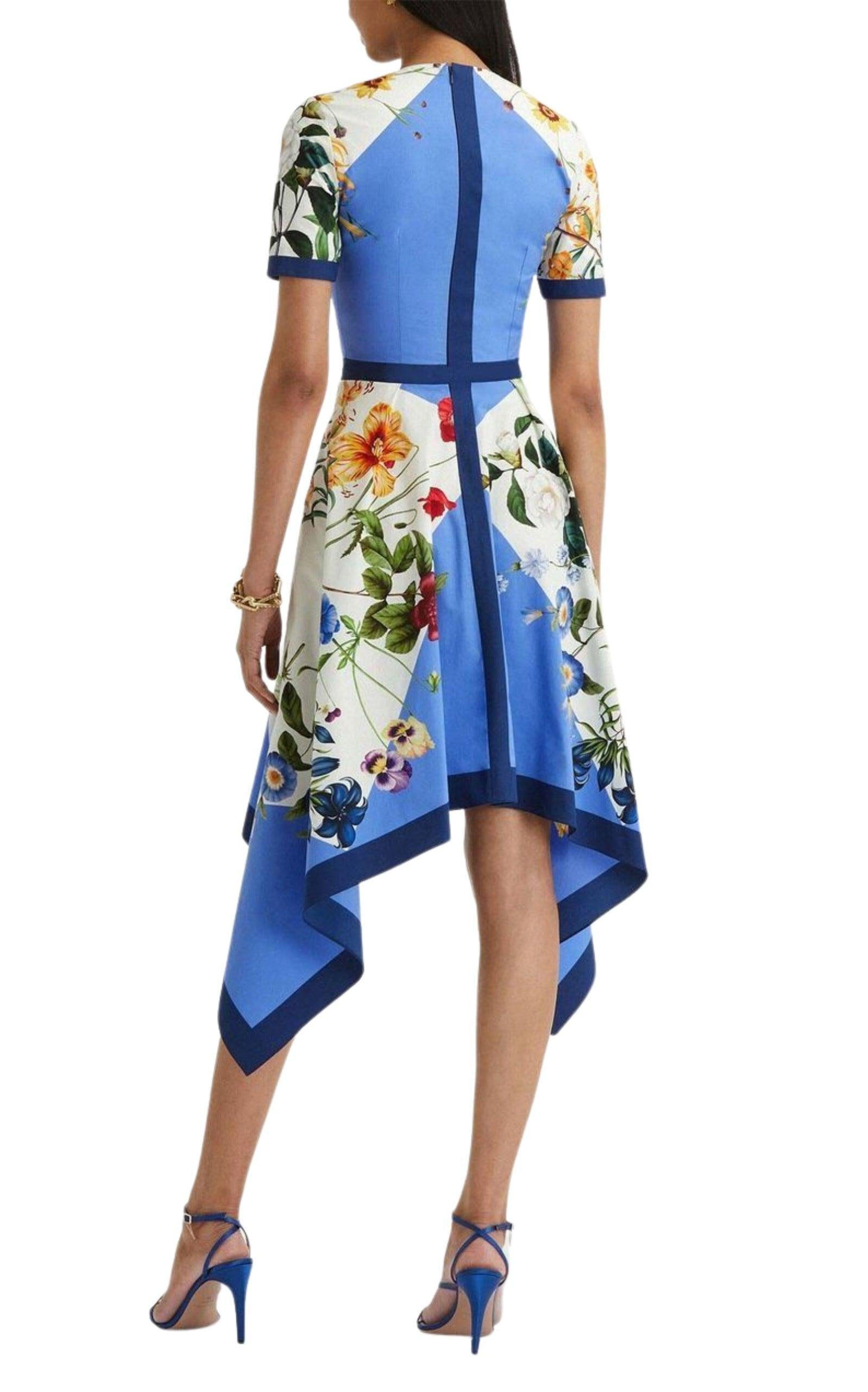 Blue Oscar de la Renta Floral-print Flared Cotton Dress Size US 2 For Sale
