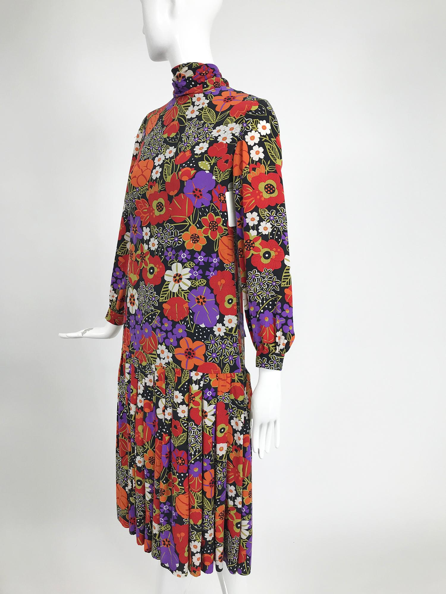 Oscar de la Renta Floral Silk Crepe Drop Waist Dress Late 1960s 6
