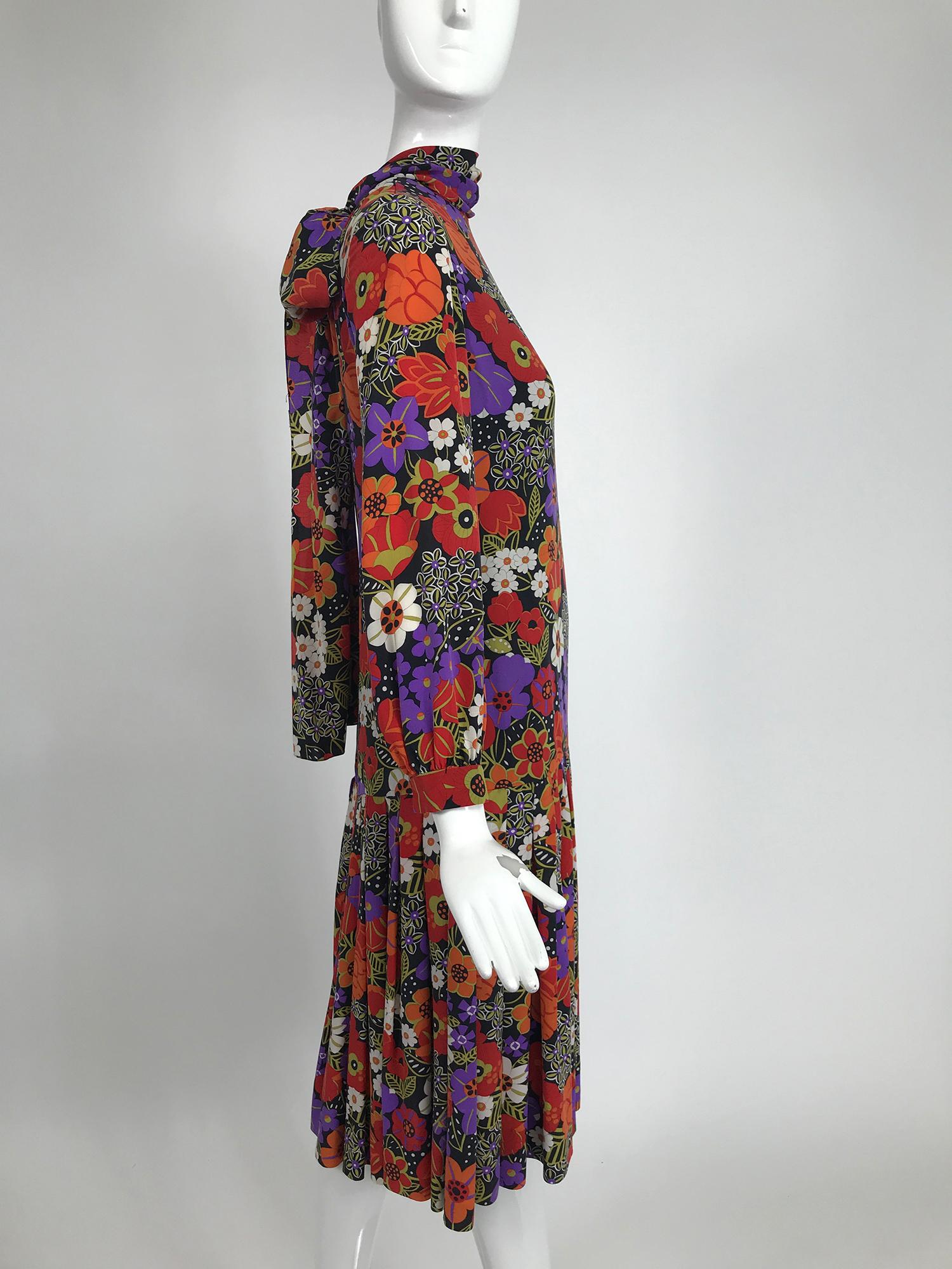 Oscar de la Renta Floral Silk Crepe Drop Waist Dress Late 1960s 1