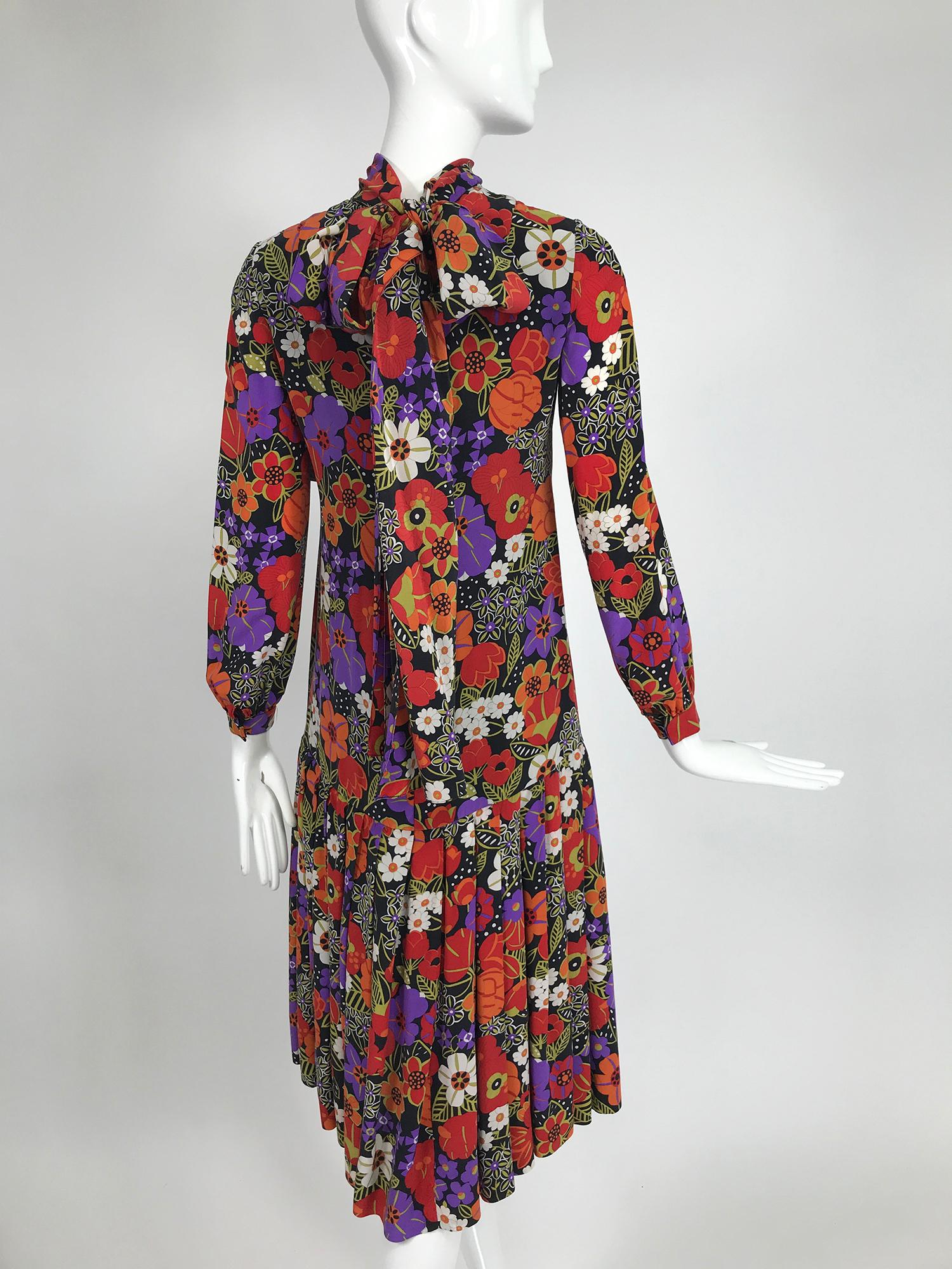 Oscar de la Renta Floral Silk Crepe Drop Waist Dress Late 1960s 2