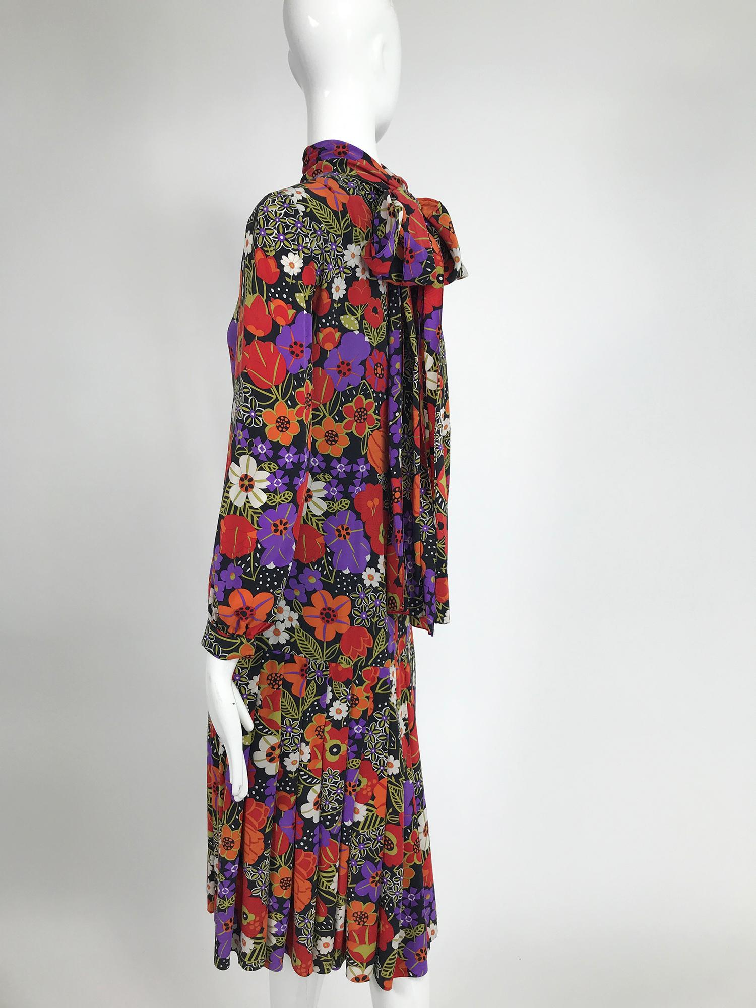 Oscar de la Renta Floral Silk Crepe Drop Waist Dress Late 1960s 4