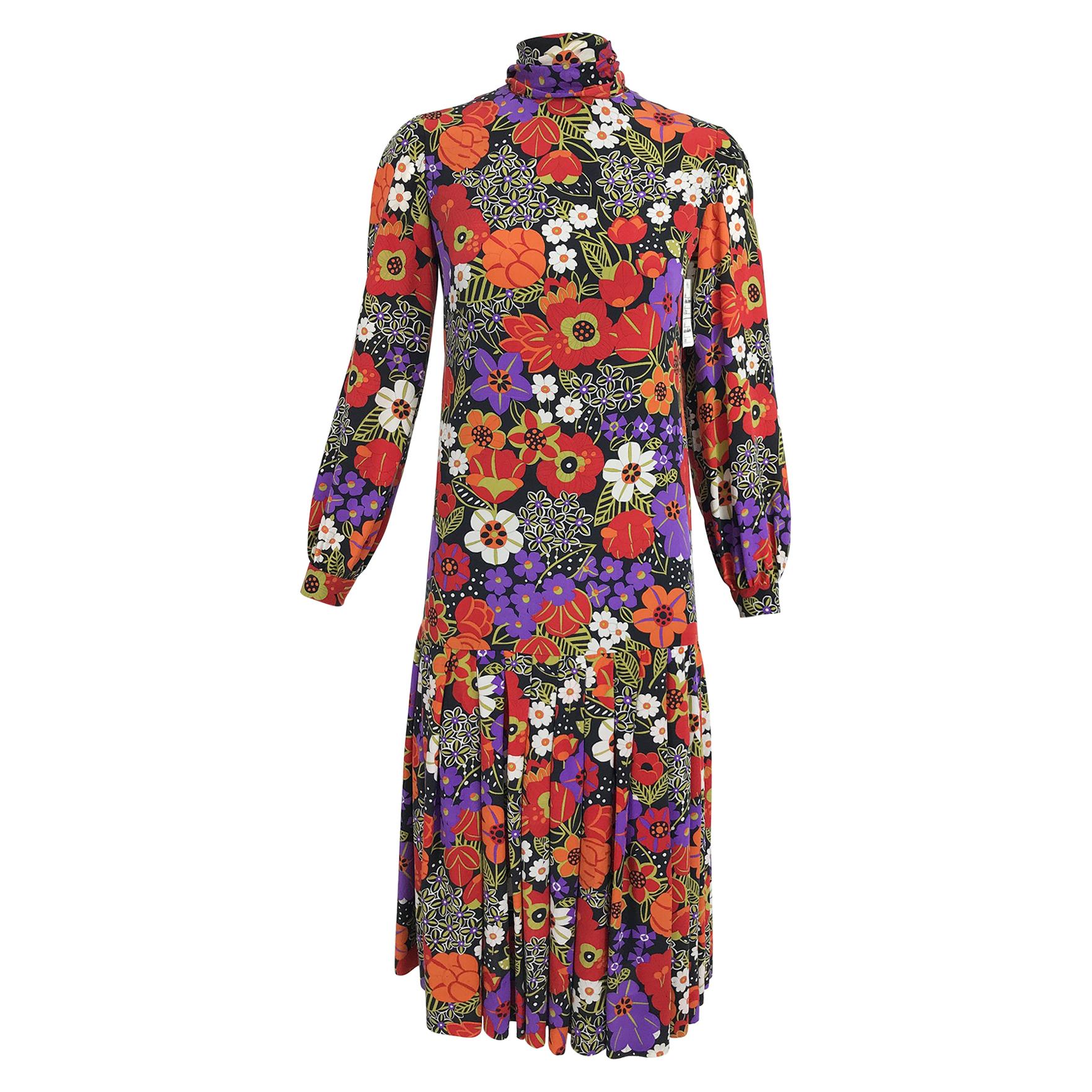 Oscar de la Renta Floral Silk Crepe Drop Waist Dress Late 1960s at 1stDibs