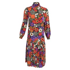 Oscar de la Renta Floral Silk Crepe Drop Waist Dress Late 1960s