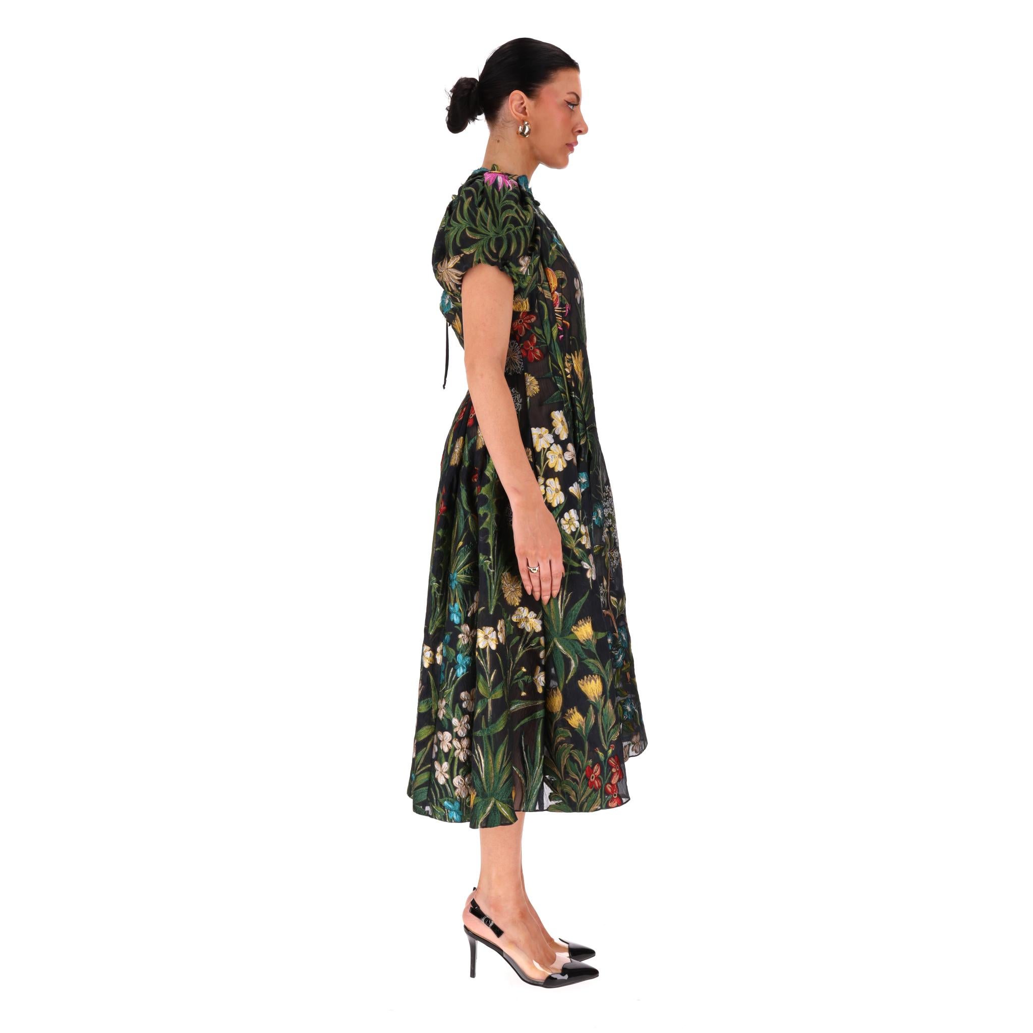 Nero Oscar De La Renta - Vestito in misto seta con maniche a sbuffo e arazzo floreale in vendita