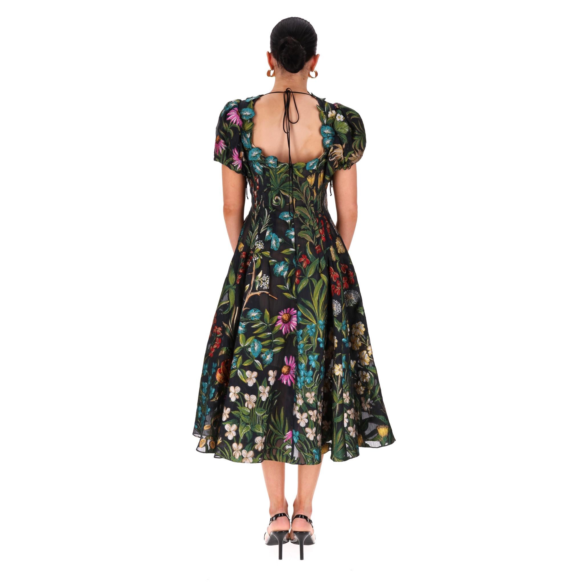 Oscar De La Renta - Vestito in misto seta con maniche a sbuffo e arazzo floreale In condizioni ottime in vendita a London, GB
