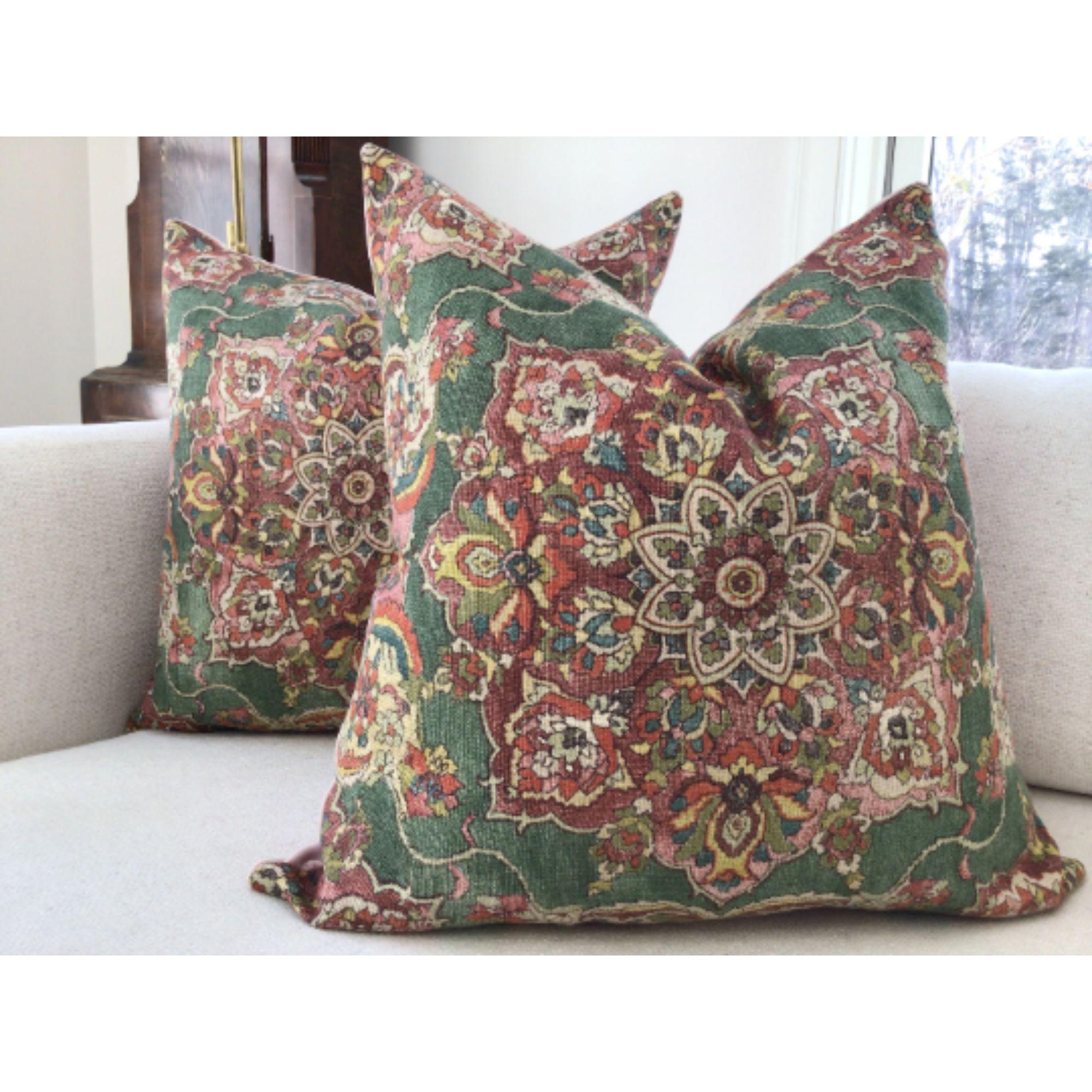 Like a lovely antique Persian rug…Granada in jewel features a center medallion with rich details in jewel tones of emerald green, spice, ruby, and pink.

Lovely.

These will come in a 22” pair with plush-down inserts and be backed in a plush emerald