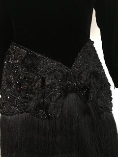 Oscar de la Renta for Saks Black Velvet Beaded and Fringed Cocktail Dress Size 6