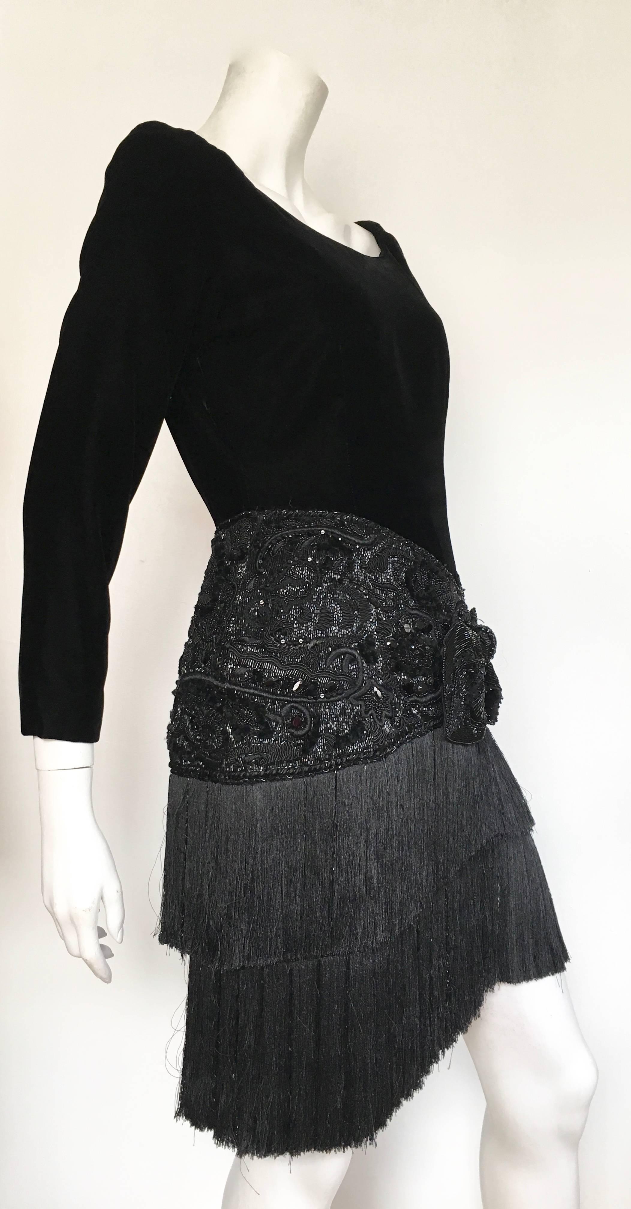 Women's or Men's Oscar de la Renta for Saks Black Velvet Beaded and Fringed Cocktail Dress Size 6 For Sale