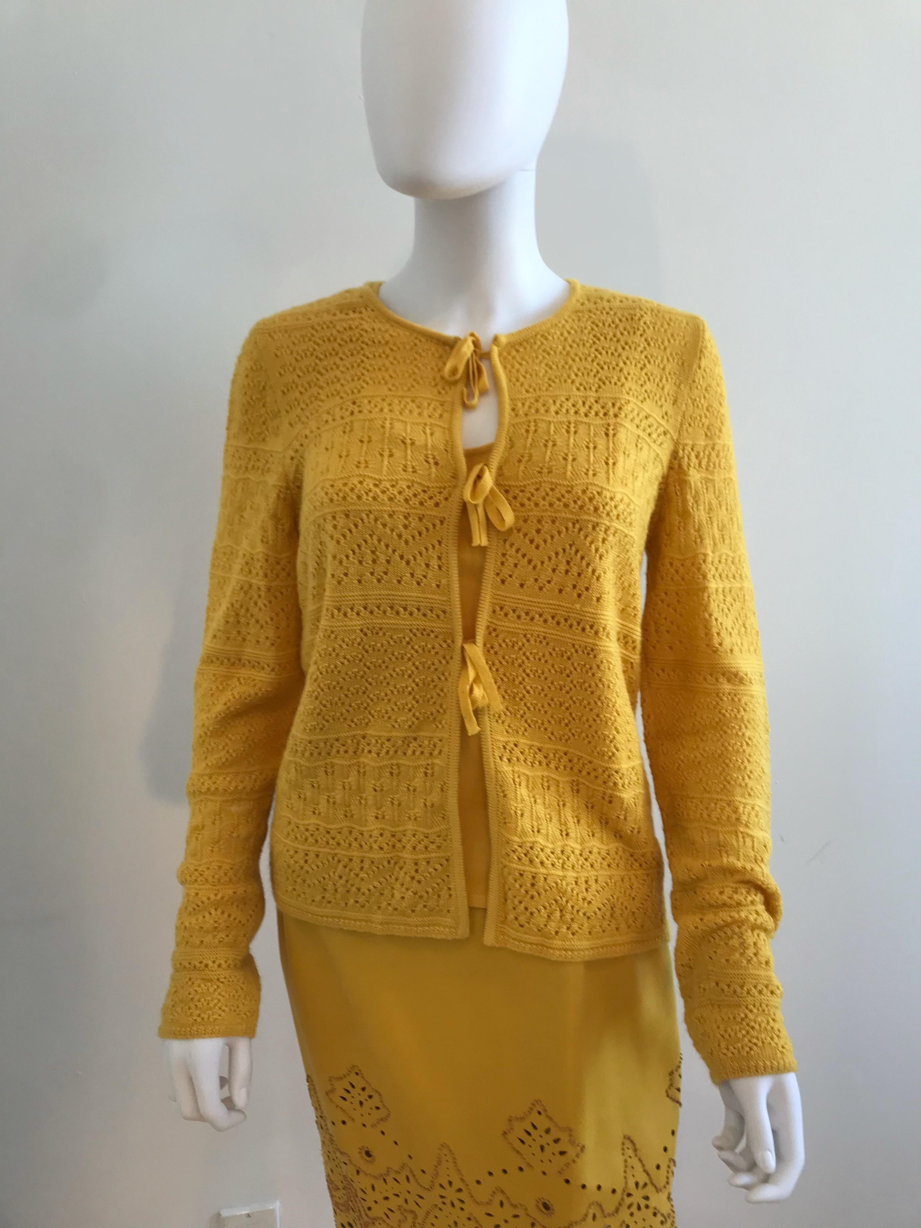 Spring 2000 Oscar De La Renta for Saks Fifth Avenue tank top and button down sweater set. Tie front enclosure. Leather skirt is also available! It is very rare to find ensembles that, through time, stay together. Please inquire and/or take a look at