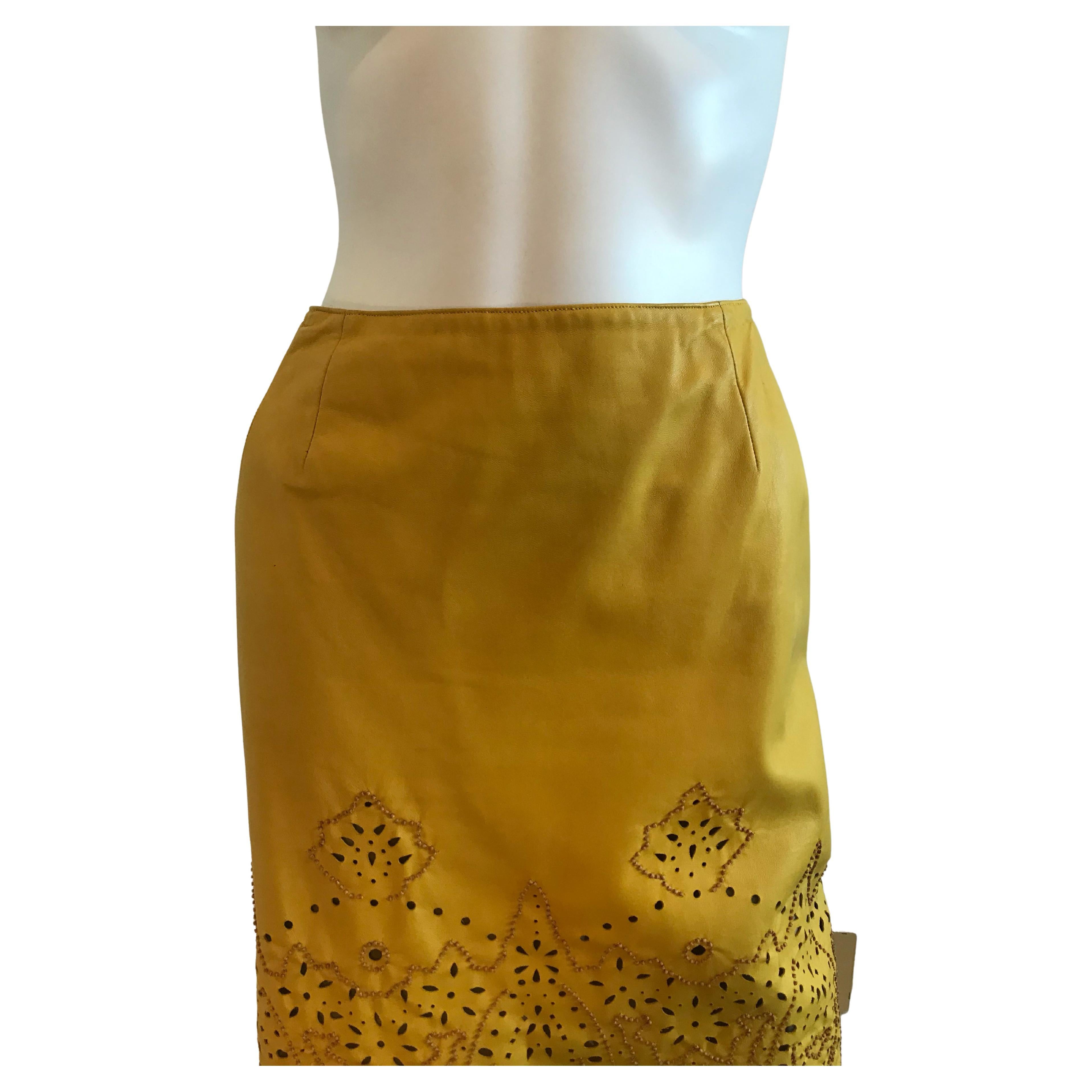 Women's or Men's Oscar De La Renta for Saks Fifth Avenue Yellow Leather Cutout Beaded Skirt For Sale