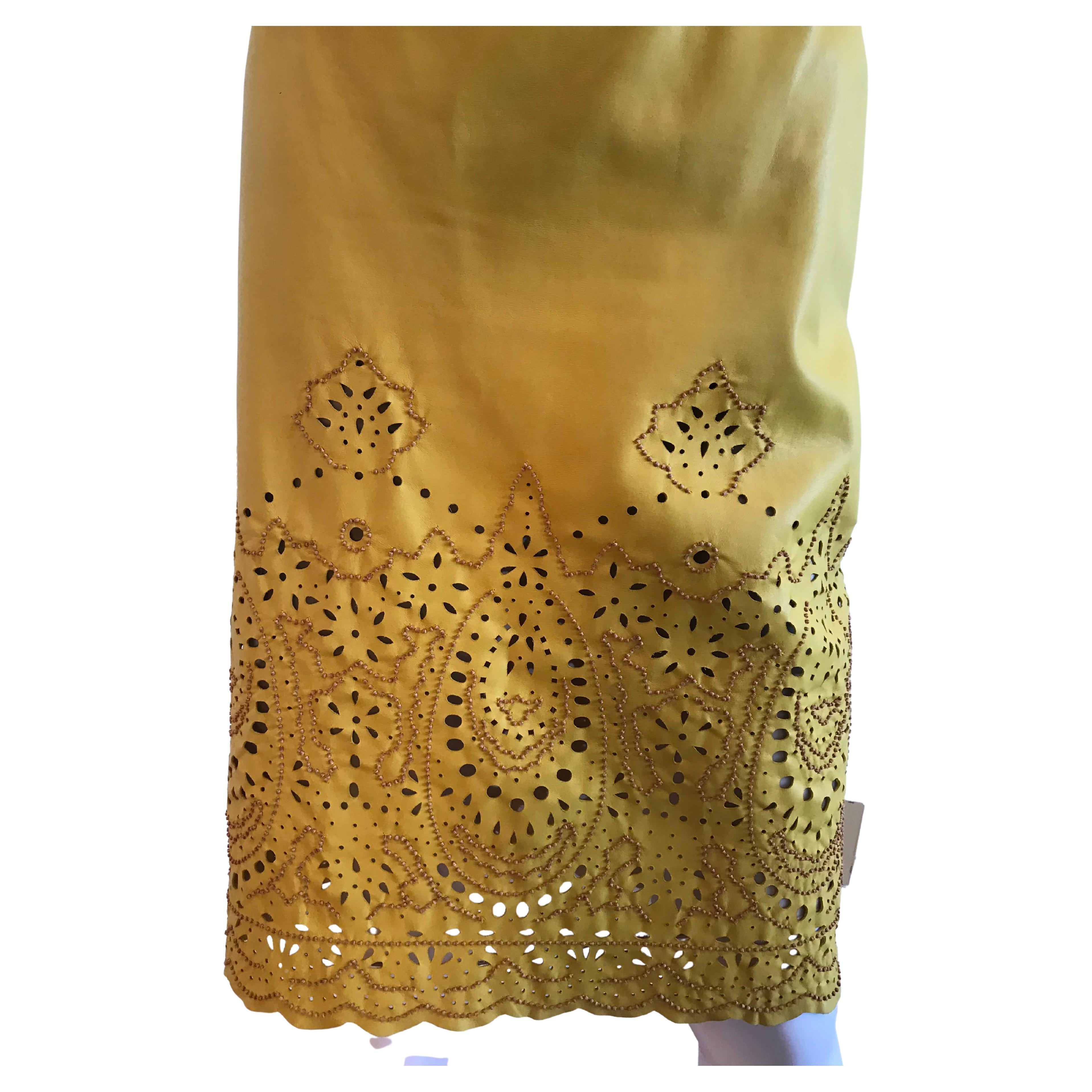 Oscar De La Renta for Saks Fifth Avenue Yellow Leather Cutout Beaded Skirt For Sale 1