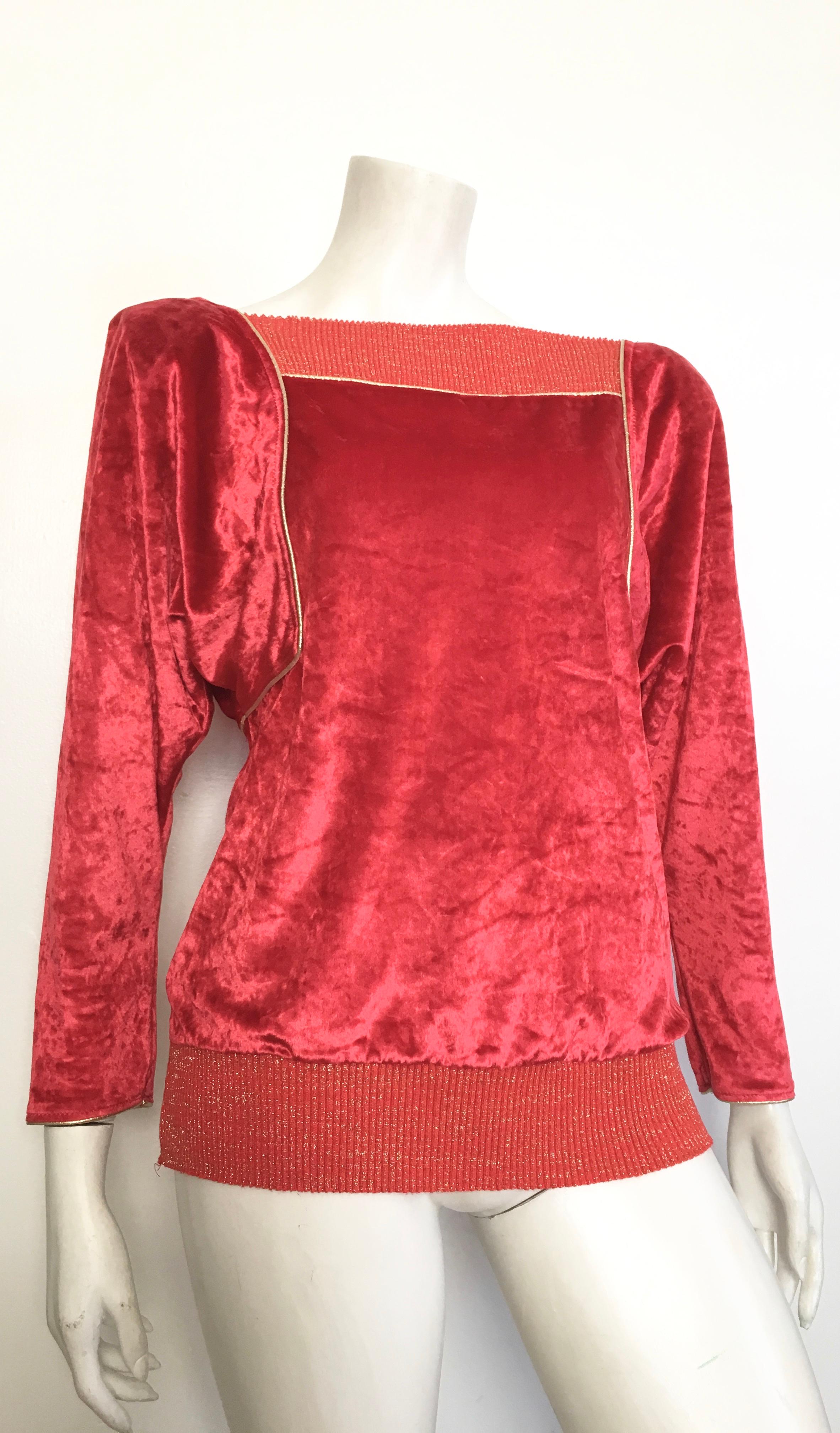 Oscar de la Renta for Swirl 1980s red crushed velvet with gold piping and metallic thread on collar & waistband is labeled a P for petite size.  This gorgeous piece is modeled on Matilda the Mannequin, which wears a size 4, and Matilda looks