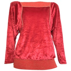 Vintage Oscar de la Renta for Swirl 1980s Red Velvet & Metallic Trim Blouse Size P.