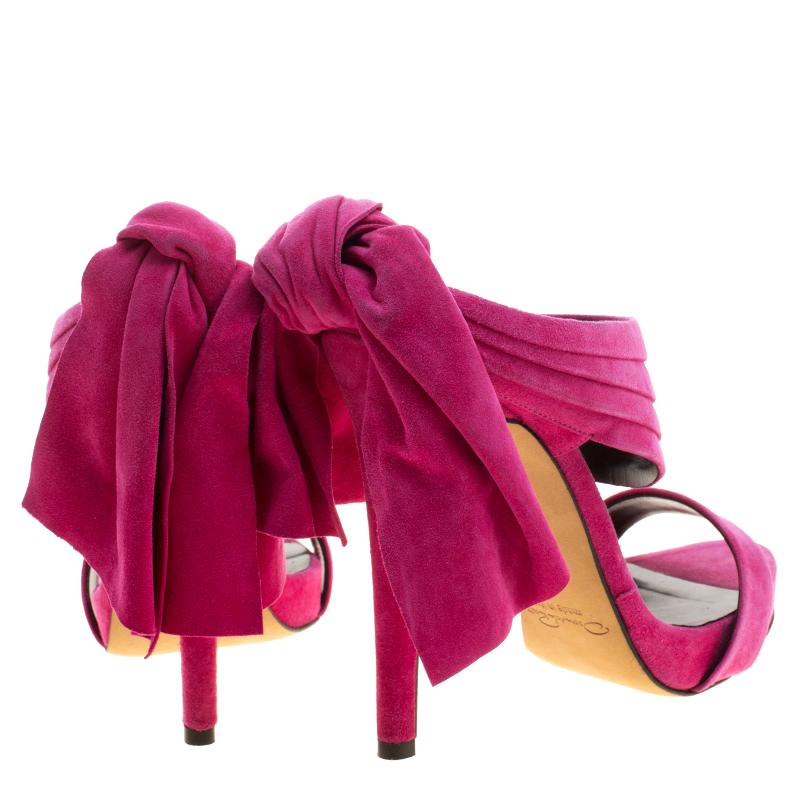 Oscar de la Renta Fuchsia Pink Suede Sandy Bow Detail Sandals Size 37 1